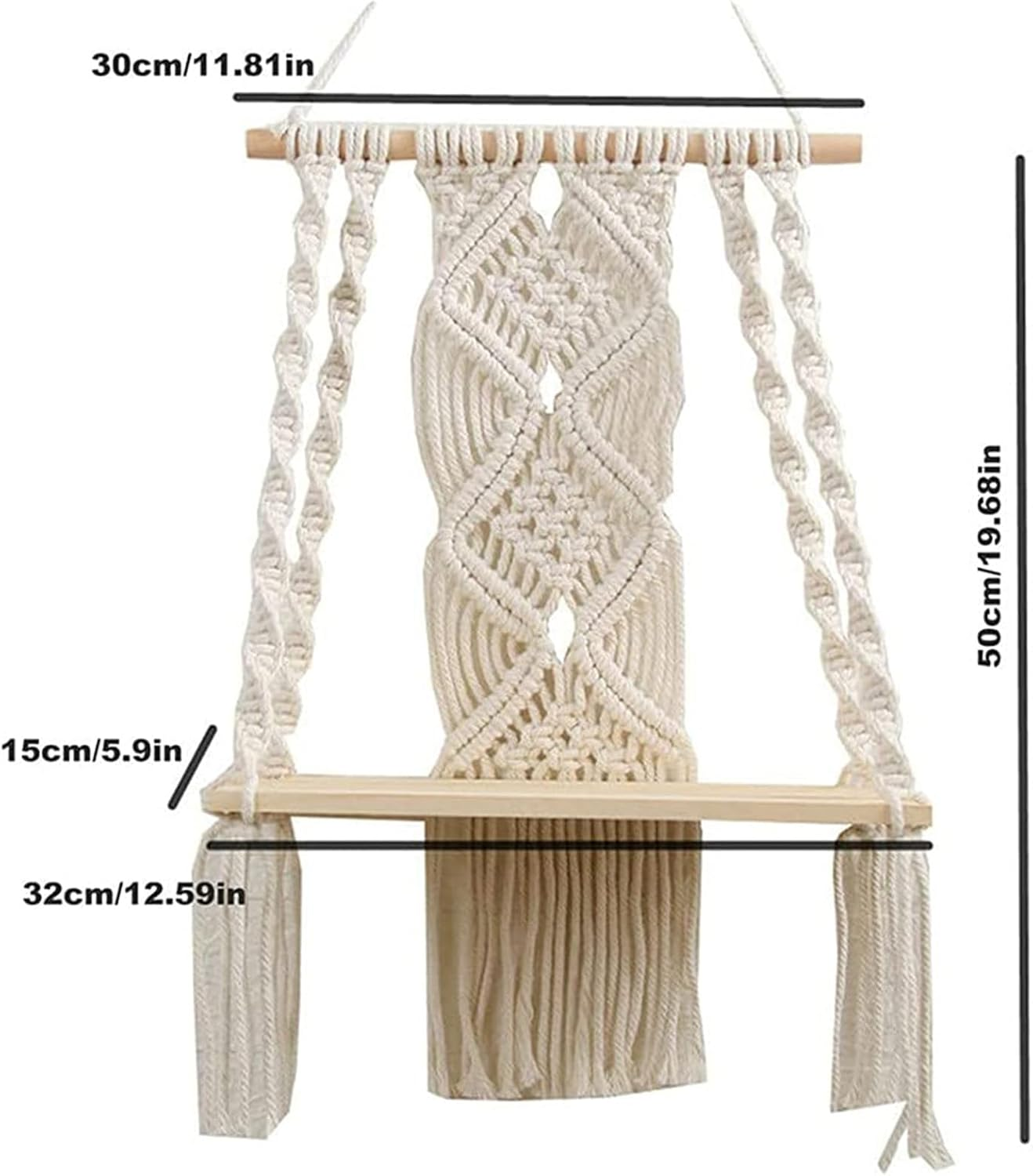 Macrame Wall Hanging Shelf, Handmade Boho Floating Wood Shelf with Decorative Rope, Indoor/Outdoor Plant Display Storage Shelf image number 3