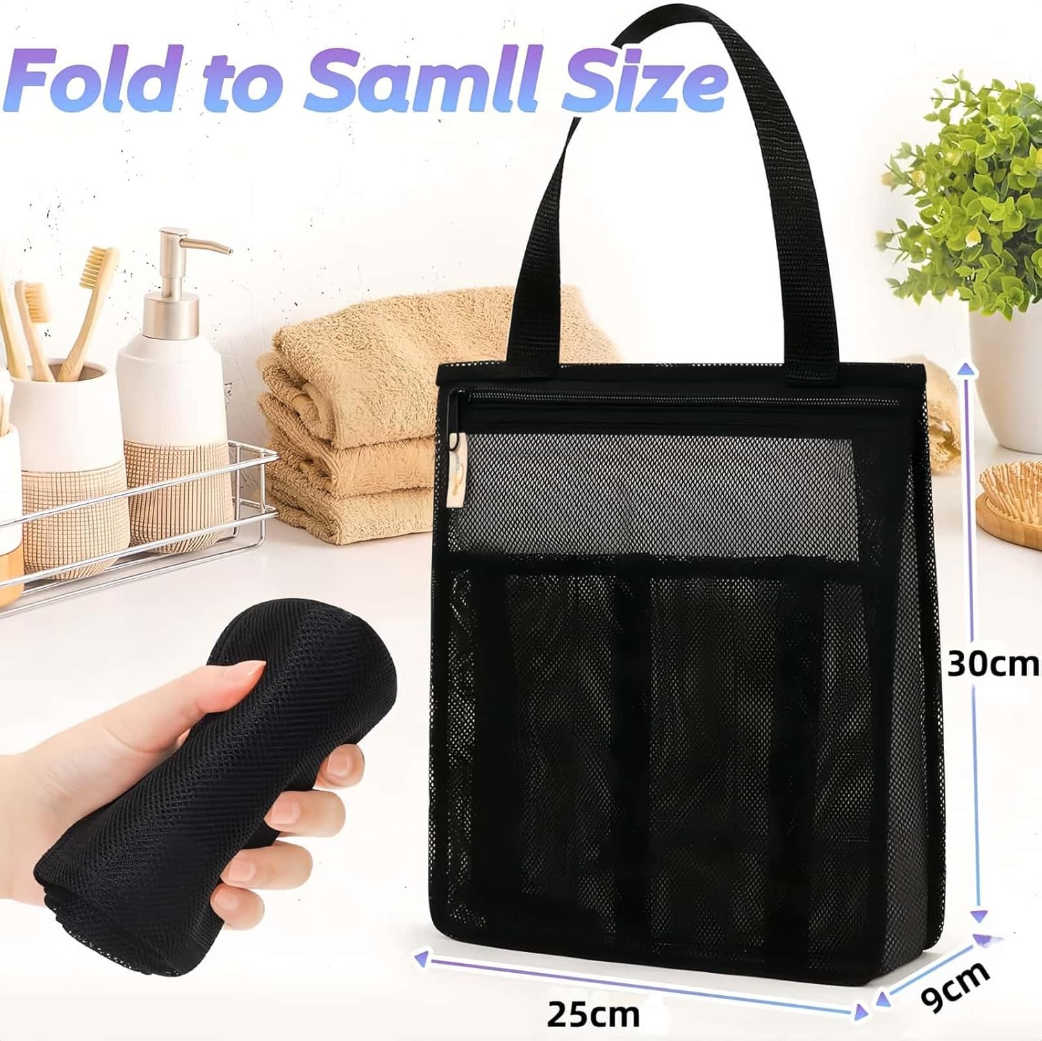 HOLDAWN Portable Toiletry Bag, Quick Dry Mesh Shower Organizer Bags for Travel, Gym, Beach, Bathroom, University Essentials (Black) image number 1