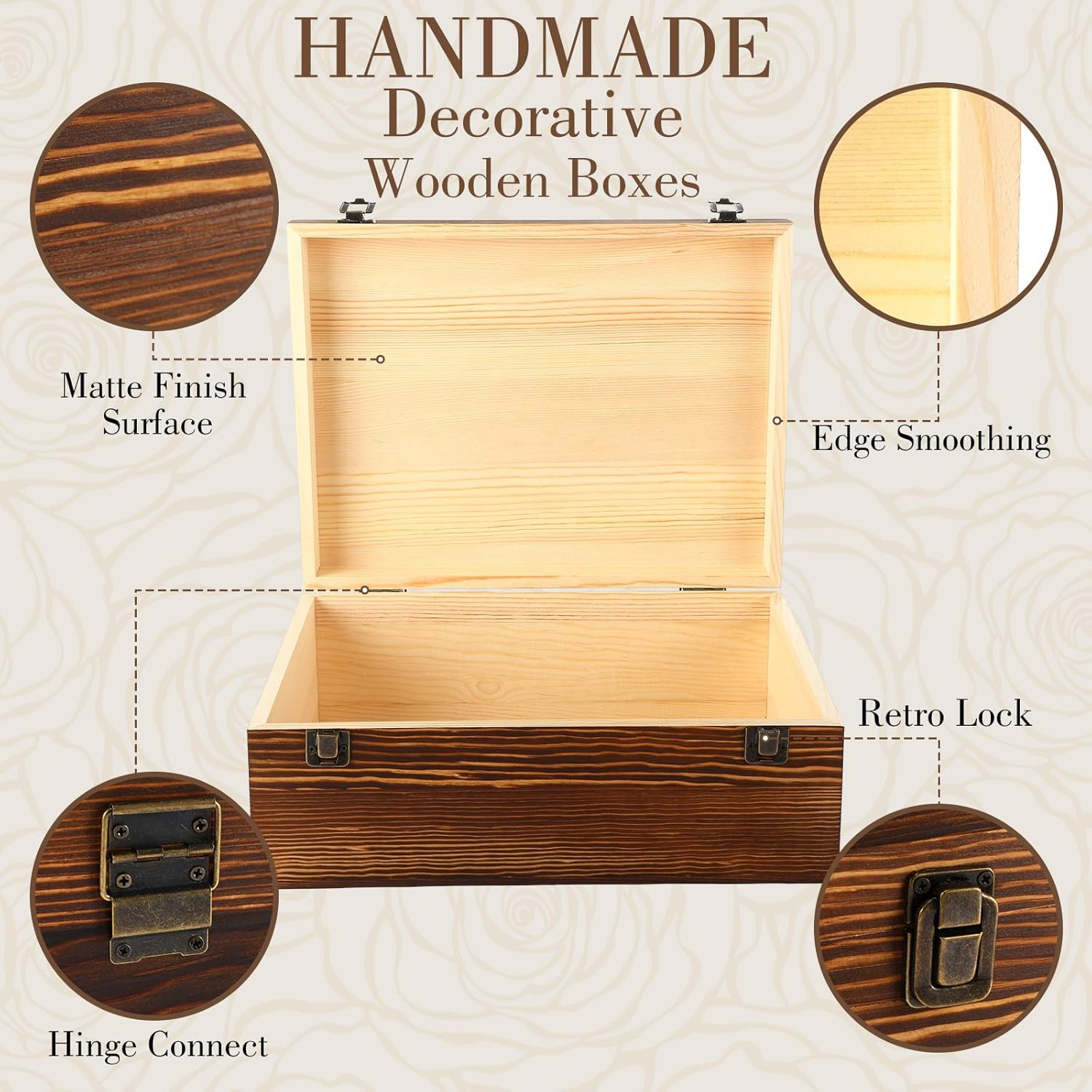 Barydat Extra Large Wooden Memory Box with Hinged Lid for Keepsakes Unfinished Pine DIY Craft Stash Wooden Box for Arts Gift and Storage Decorative image number 4