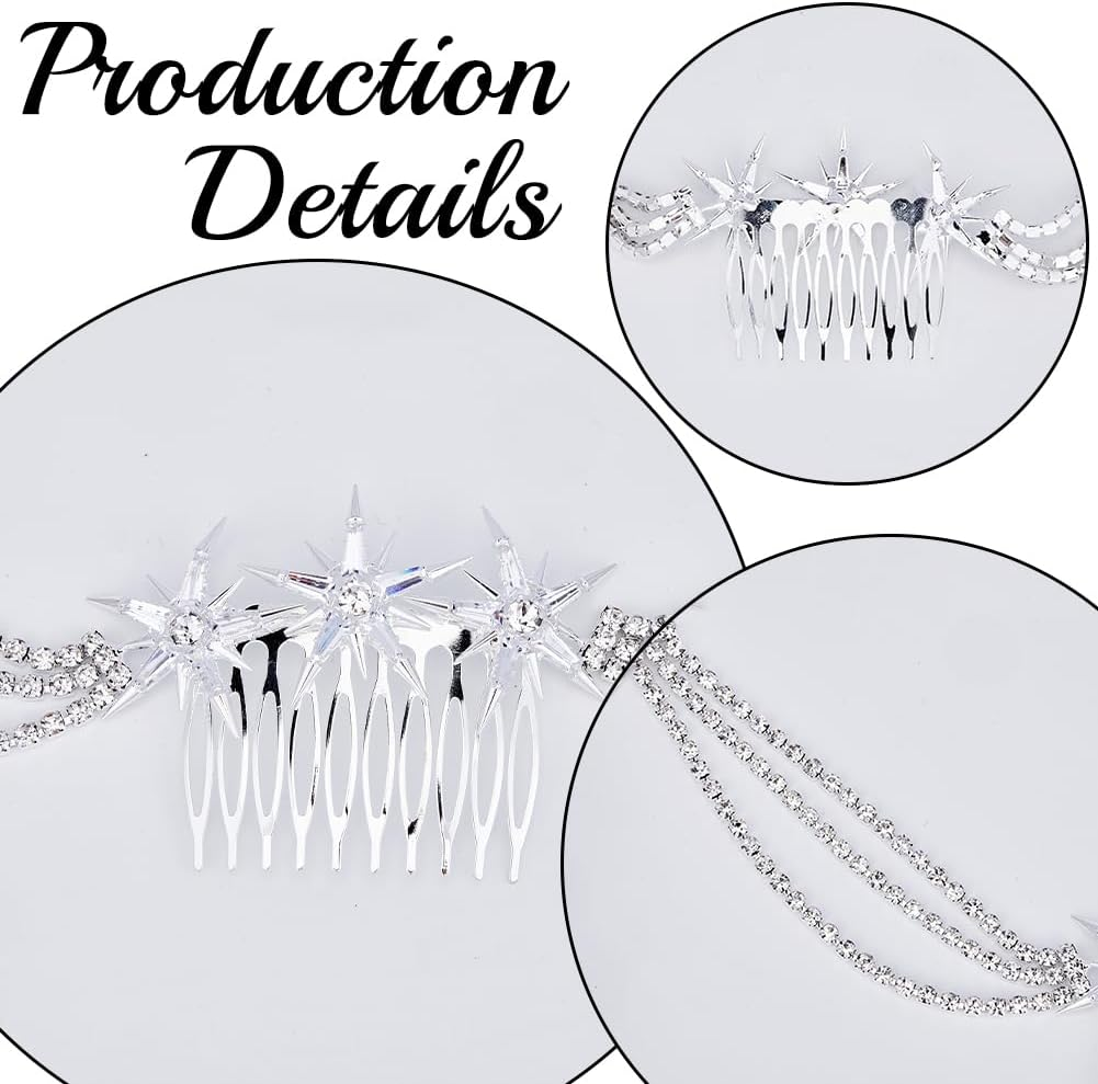 CABODYALS Silver Hair Comb with Multilayer Rhinestone and Star Fashionable Crystal Tassel Fringe Chain Tendrils Headpiece Heavenly Glitter Hair Clip Headband Jewellery for Women Wedding Party Outfi