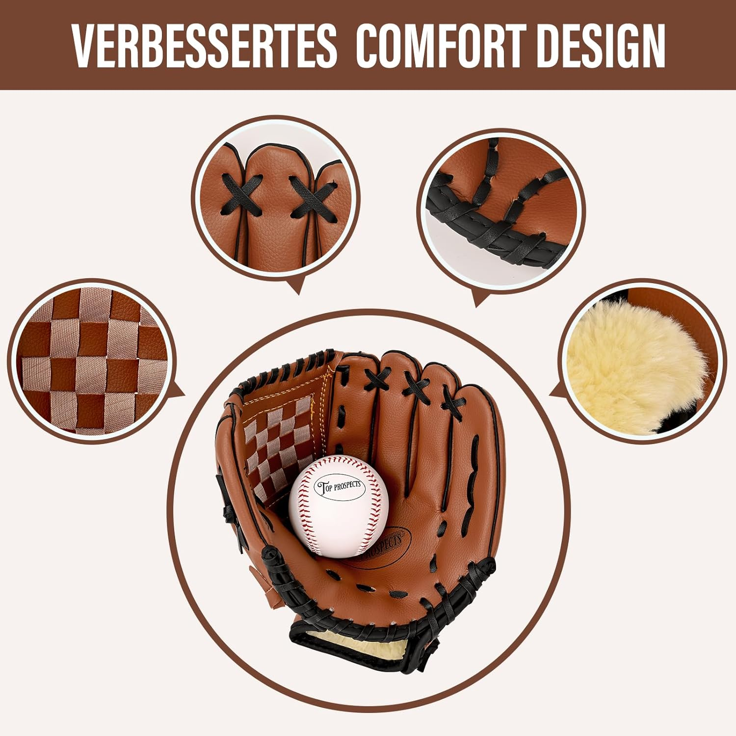 Top Prospects Premium Leather Baseball Glove with Free Baseball &ndash; Ideal for Youth & Softball &ndash; Durable Baseball Mitt for All Positions