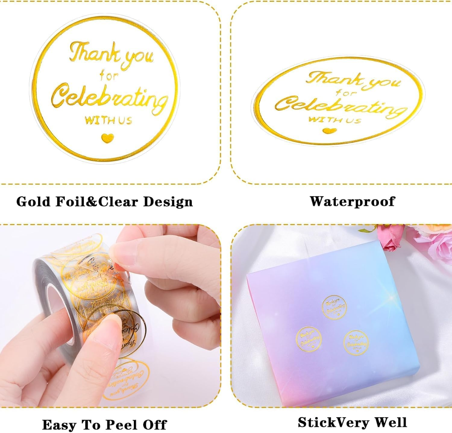Gold Foil Thank You Stickers - 500 Pcs Waterproof Custom Wedding Stickers, round Labels for Gifts, Clear Decorative Stickers for Parties, High-Quality Peel-Off Sealing Stickers（ 1.5 Inch） - Geiwogwc