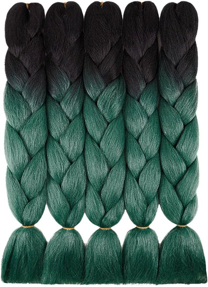 AIDUSA Ombre Braiding Hair Black to Dark Green 5Pcs Synthetic Afro Braiding Hair Extensions 24 Inch 2 Tones for Women Twist Crochet Braids 100G (#B18 Black to Blackish Green)