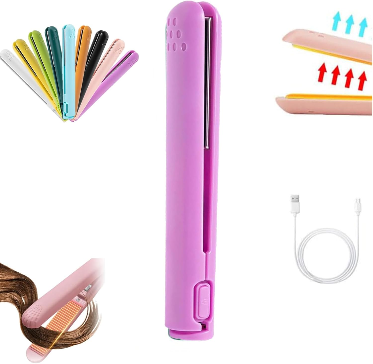 Mini Dual-Purpose Curling Iron, Ceramic Mini Hair Curler, 2-In-1 USB Hair Straightener Curling Iron, Cordless Portable Travel Curling Wand for Women Short Hair (Purple) image number 1