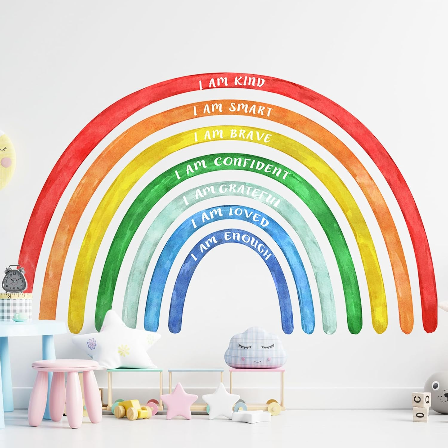Tinideya 76.77X47.24'' Watercolor Large Rainbow Wall Decal Classroom Wall Decor with Inspirational Quote Peel and Stick Stickers Waterproof Wallpaper for Girls Kids Bedroom Nursery Playroom(Cute)