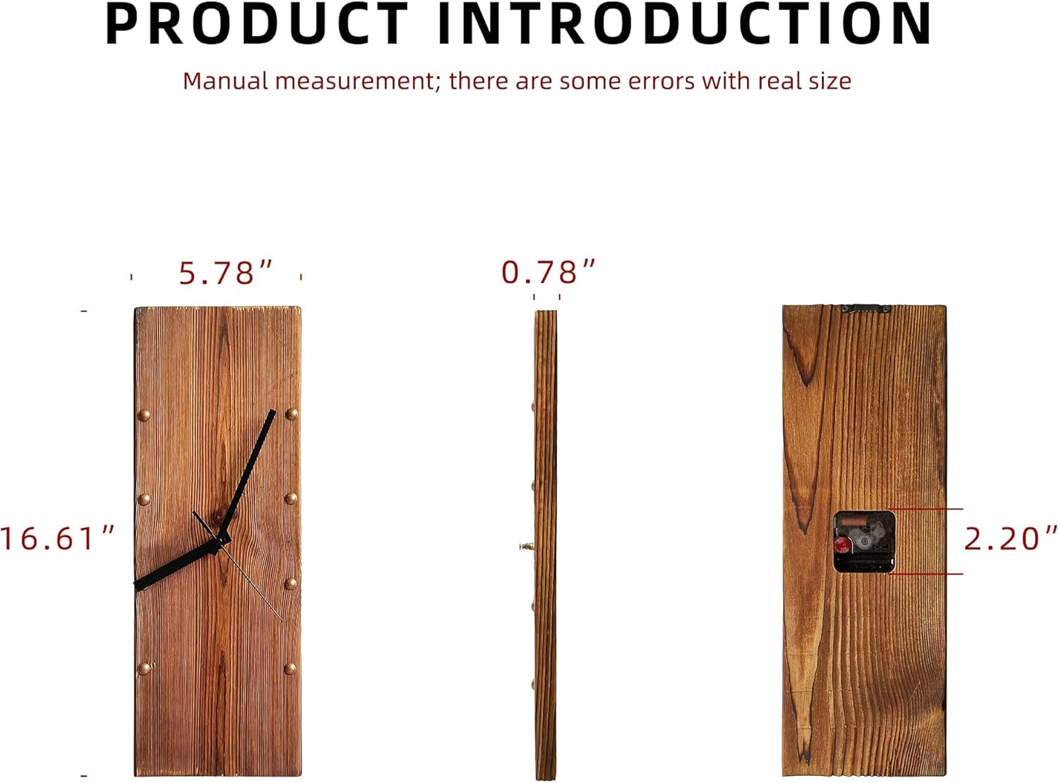 KOLYMAX Wooden Wall Clock Silent Non-Ticking, Frameless Rectangle Art Wall Clocks Farmhouse Wall D&eacute;cor，Handmade Clocks Decorative for Home Living Room Kitchen Office, 5.78 X16.6Inch Rustic image number 3