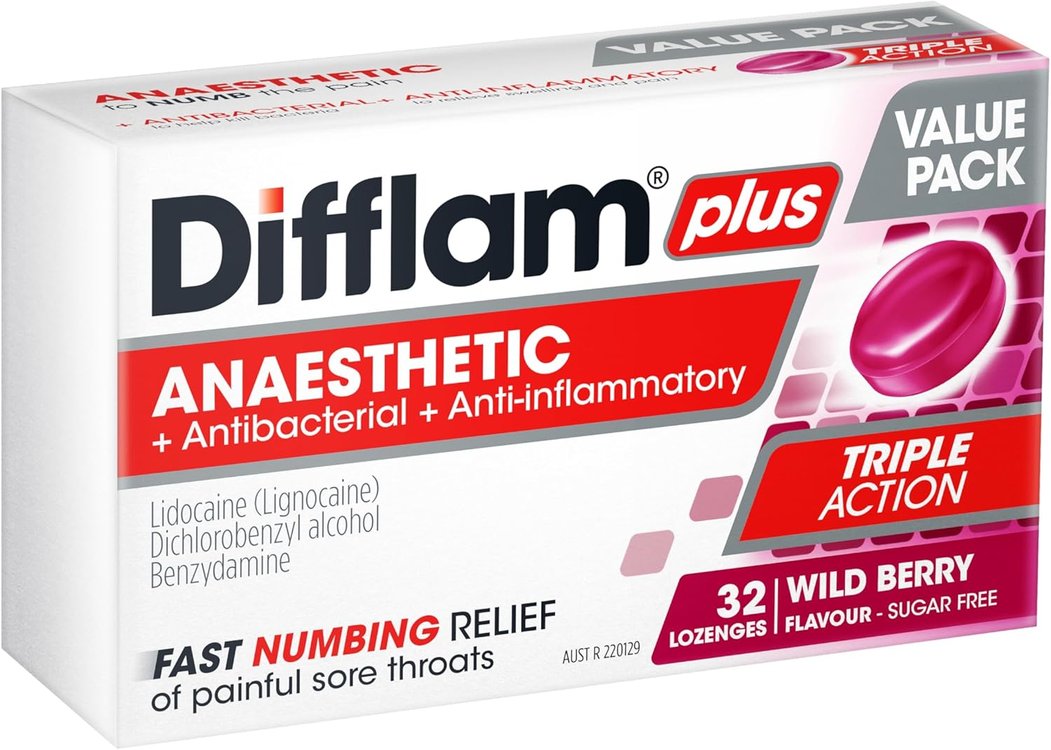 Difflam plus Anaesthetic Sore Throat Triple Action Lozenges, Berry (Pack of 64) image number 1