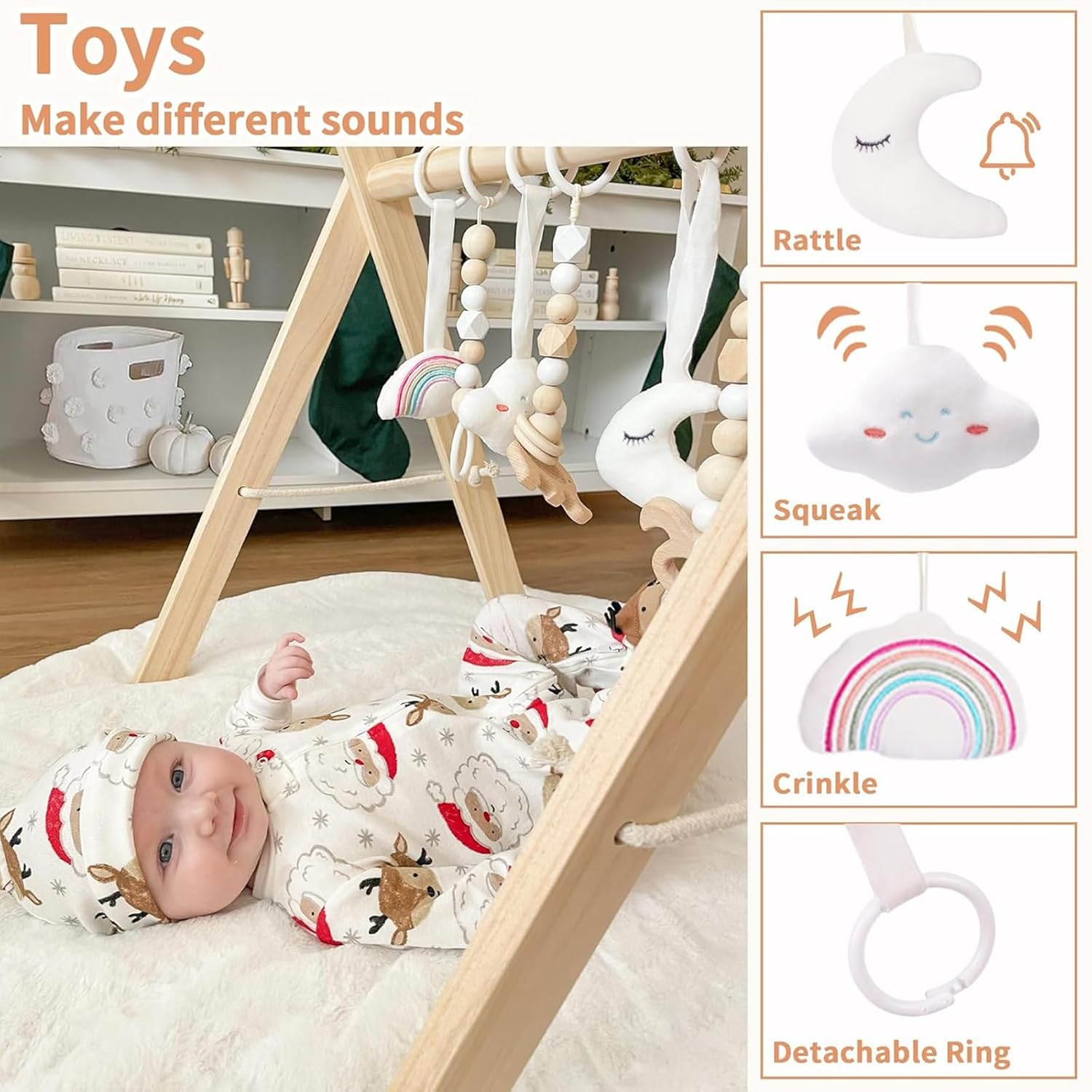Wooden Baby Play Gym, Foldable Baby Gym with 6 Toys, Baby Toy Frame Activity Gym Hanging Bar Natural Wood Play Gym Newborn Baby Exercise image number 3