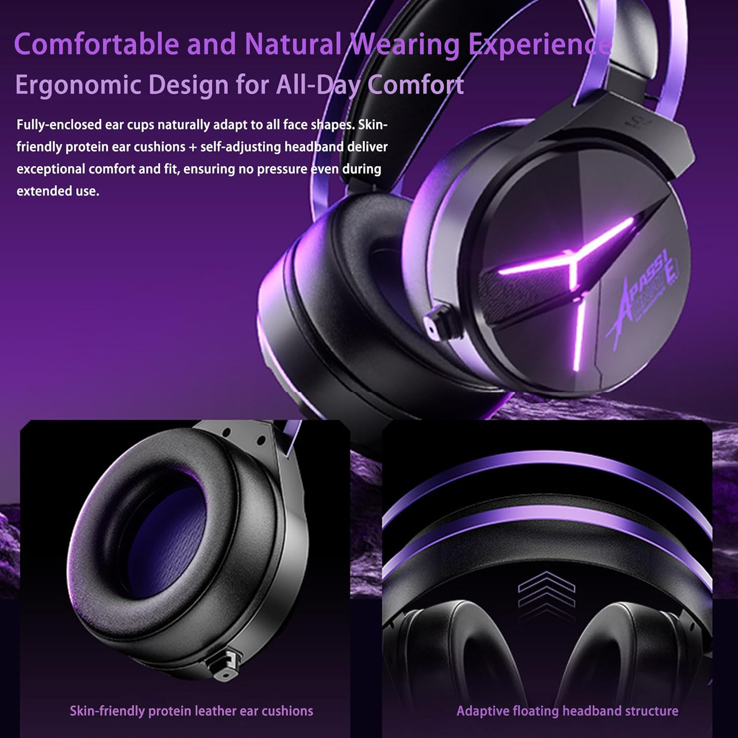 Unisonpet Gaming Headset for Pc,Laptop,Xbox, Ps4, Ps5, Switch,Noise Cancelling over Ear Headphones with Mic,Rgb Light, Soft Memory Earmuffs-Black Purple image number 2