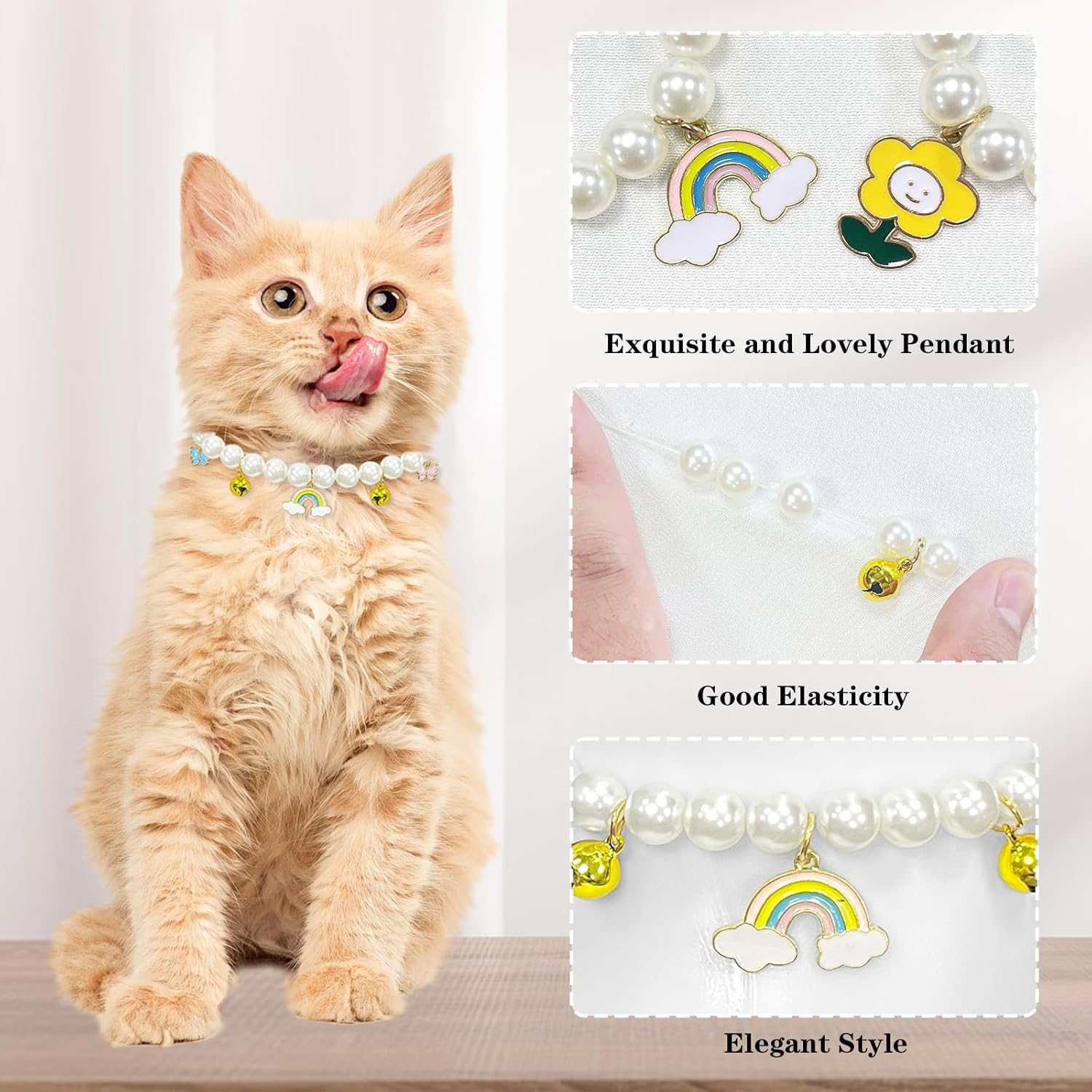 Yanmucy Cat Collar with Bell Pearl Pet Cats Dog Necklace Collar Accessories Necklace Jewellery for Kittens Small Pets Wedding Party Costume Outfits image number 2