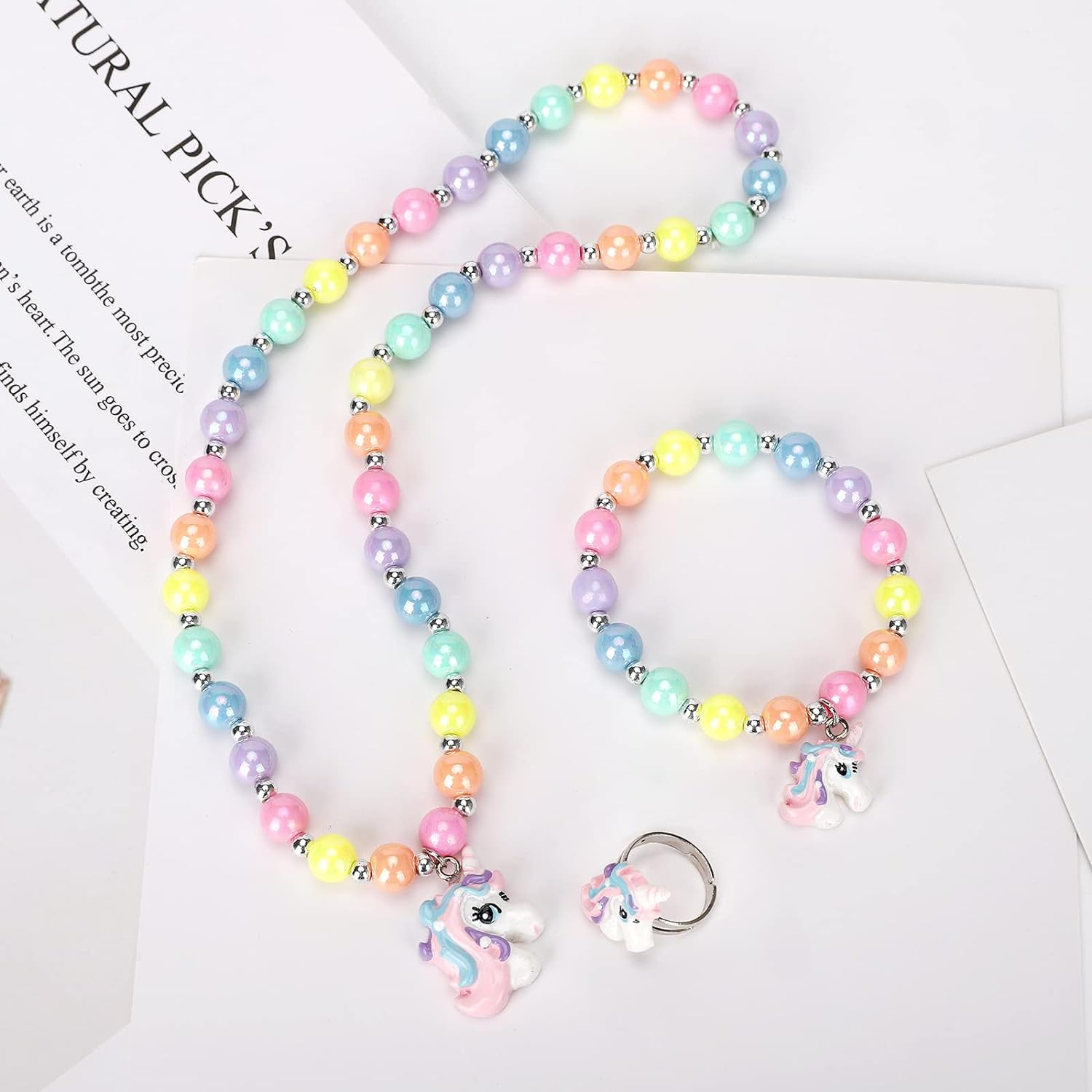 Unicorn Stretch Necklace Little Girl Toddler Necklace Bracelet Set, Little Princess Jewelry Accessories Favors Bags for Girls (2), Plastic Resin image number 4