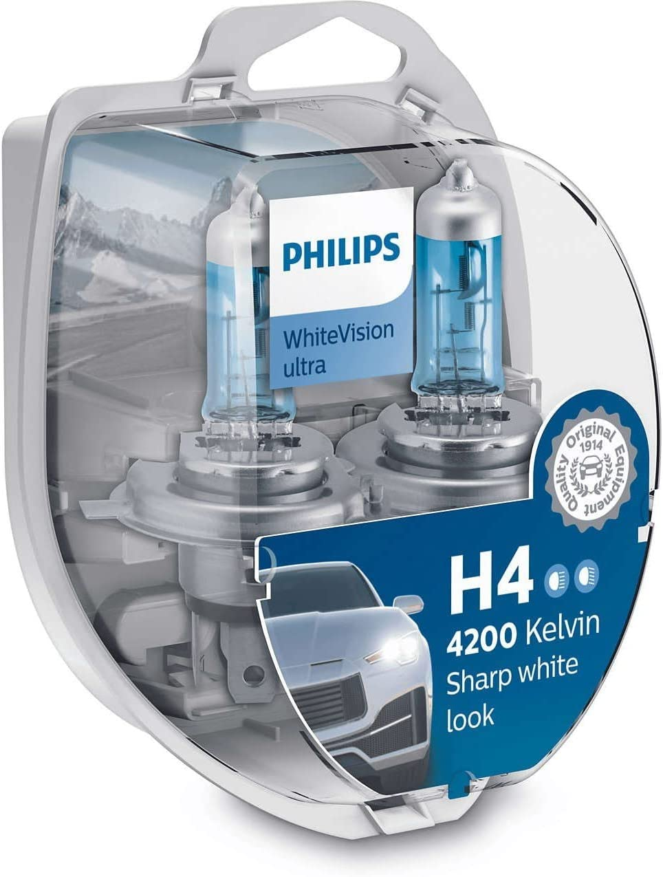 Philips 12V 55W H4 Whitevision Ultra Headlight Bulb 2-Pieces