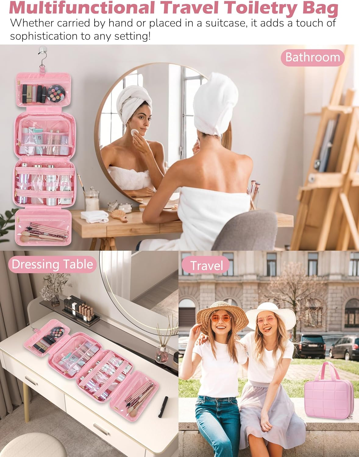 Travel Toiletry Bag for Women, Wide-Open Makeup Pouch,Hanging Toiletry Bag with Hook,Travel Storage Organizer for Skin Care Cosmetics Toiletries Full Sized Container (White) - White image number 2