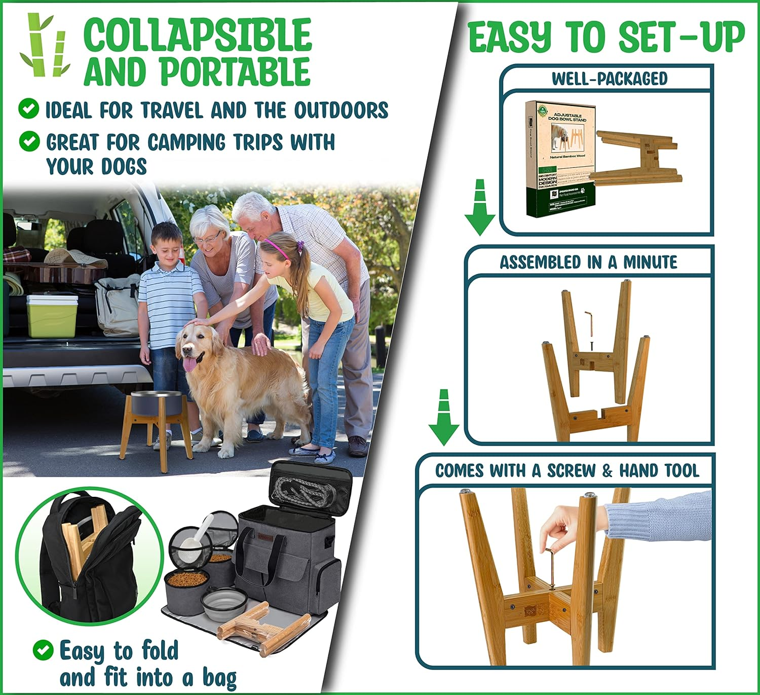 Adjustable Dog Bowl Stand - Raised, Elevated Food Bowl Holder - Width (Extendable 7-10 Inches) - Natural Bamboo image number 6