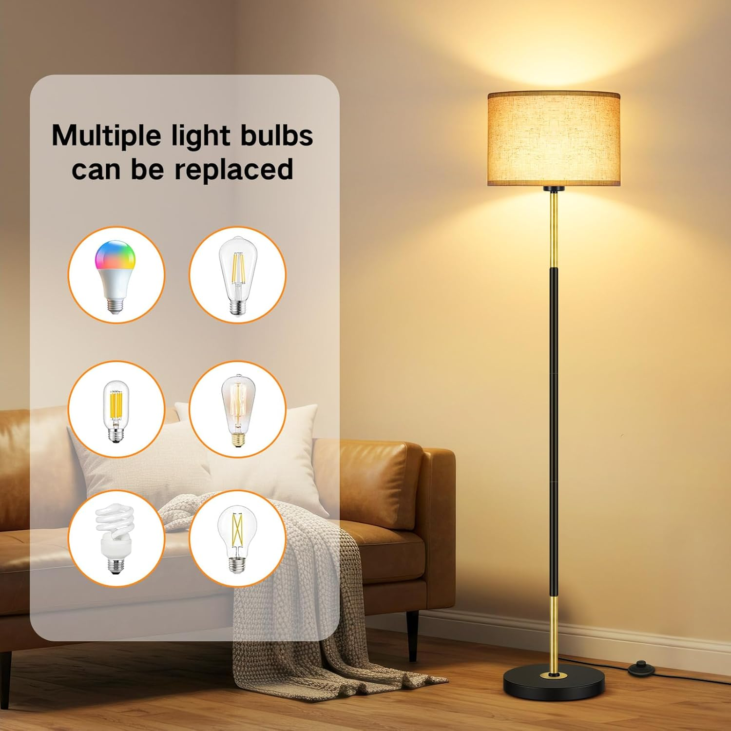 OUTON LED Dimmable Floor Lamp, Drum Shade Tall Lamp with 1H Timer & APP Control, Great Living Room Decor, Mid-Century Lamp for Living Rooms Offices Bedroom image number 2