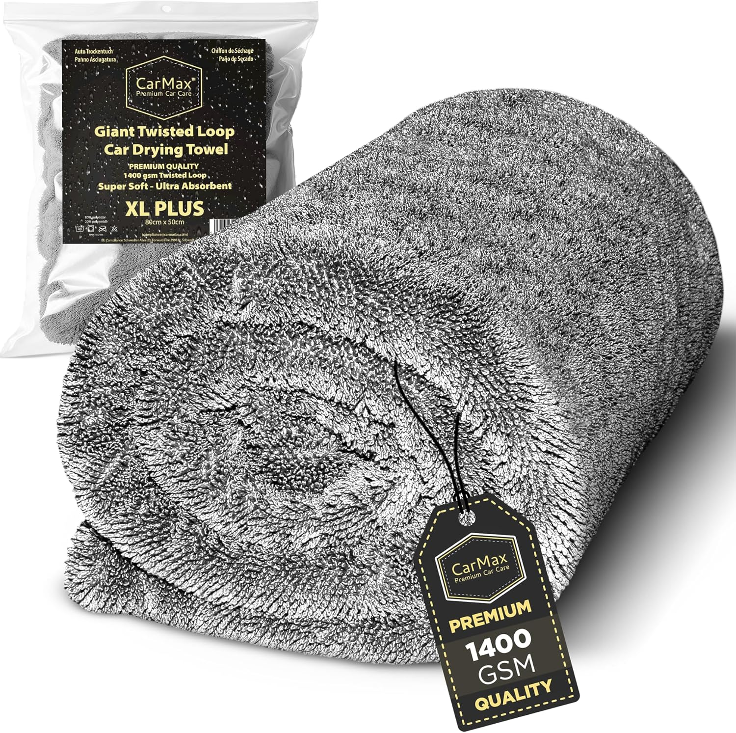 Carmax&reg; - Original Twisted Loop Car Drying Towel - Double-Sided XL Plus- 80Cm X 50Cm 1400Gsm Microfibre Towel for Fast Streak-Free Drying and Detailing. image number 6