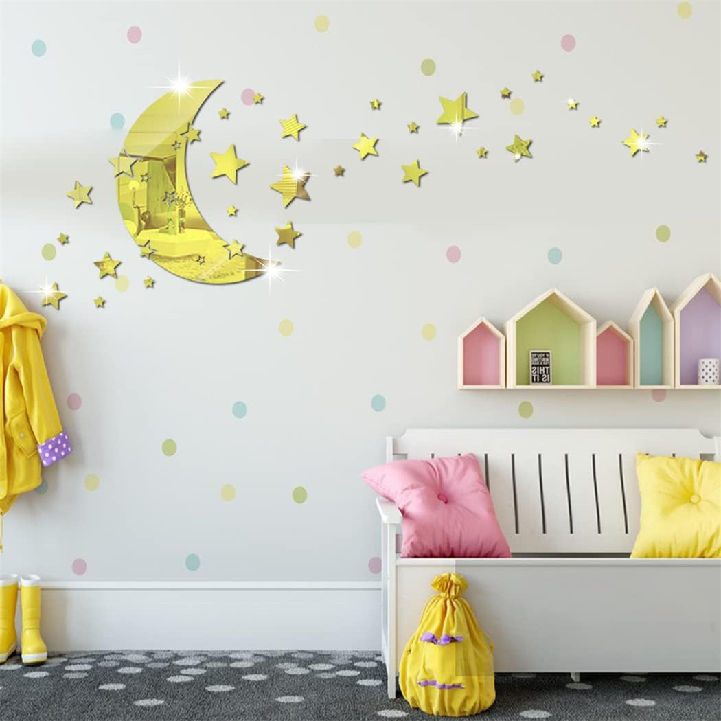 Moon and Stars Mirror Wall Stickers, Removable Acrylic Crescent and 146 PCS Stars Decals, 3D Art Wall Decoration for Baby Kid Bedroom Living Room Ceiling (Blue)