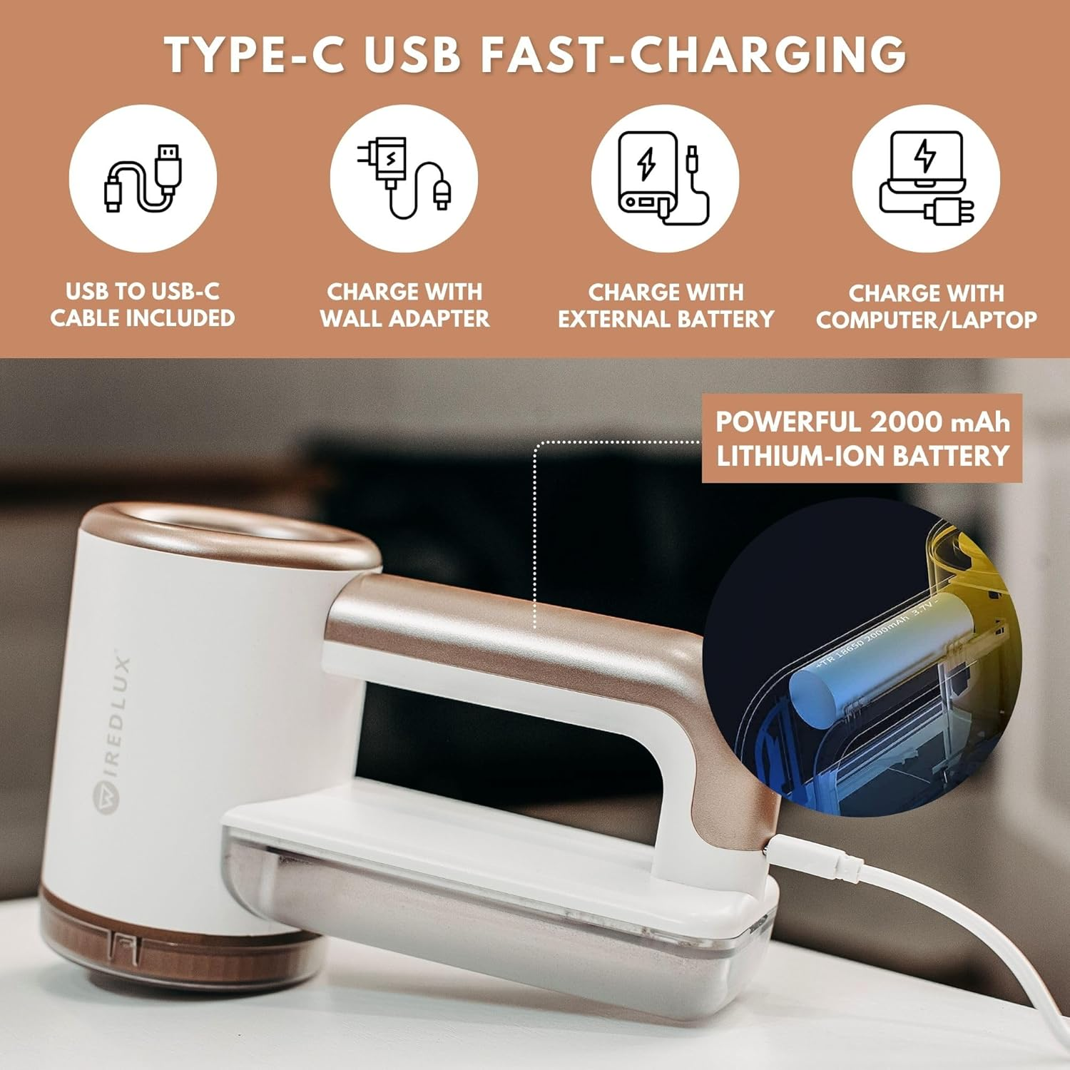 Electric Lint Remover Wiredlux - Rechargeable Fabric Shaver Bobble Remover for Clothes & Furniture - Adjustable 3-Speed, 6-Leaf Blade, LED Display, USB Charging (White) image number 5