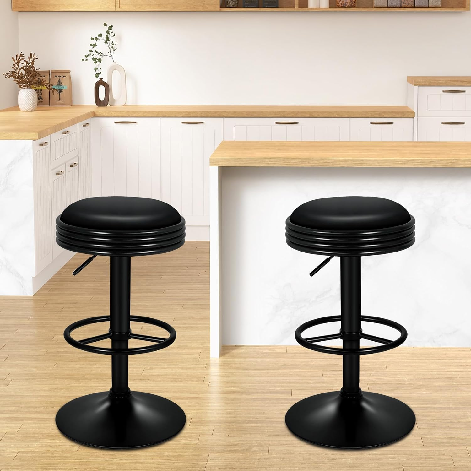ALFORDSON 2X Bar Stool PU Leather Saxton Swivel Kitchen Barstools in 53-73Cm Adjustable Backless Seat Height Counter Dining Chairs with Footrest and Floor Protector (Black)