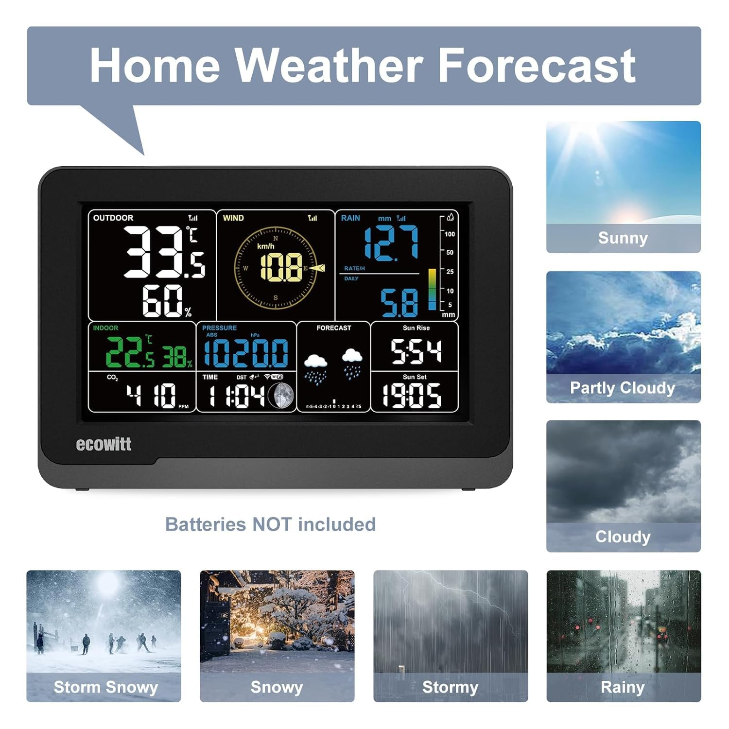 ECOWITT Weather Station WS3912, Includes WS3910 7.5'' LCD Display with CO2 Sensor, and WS85 (Solar Panel/Rain Gauge/Wind Speed/Direction Sensors), and WN32 Outdoor Temperature-Humidity Sensor, 433 Mhz image number 1