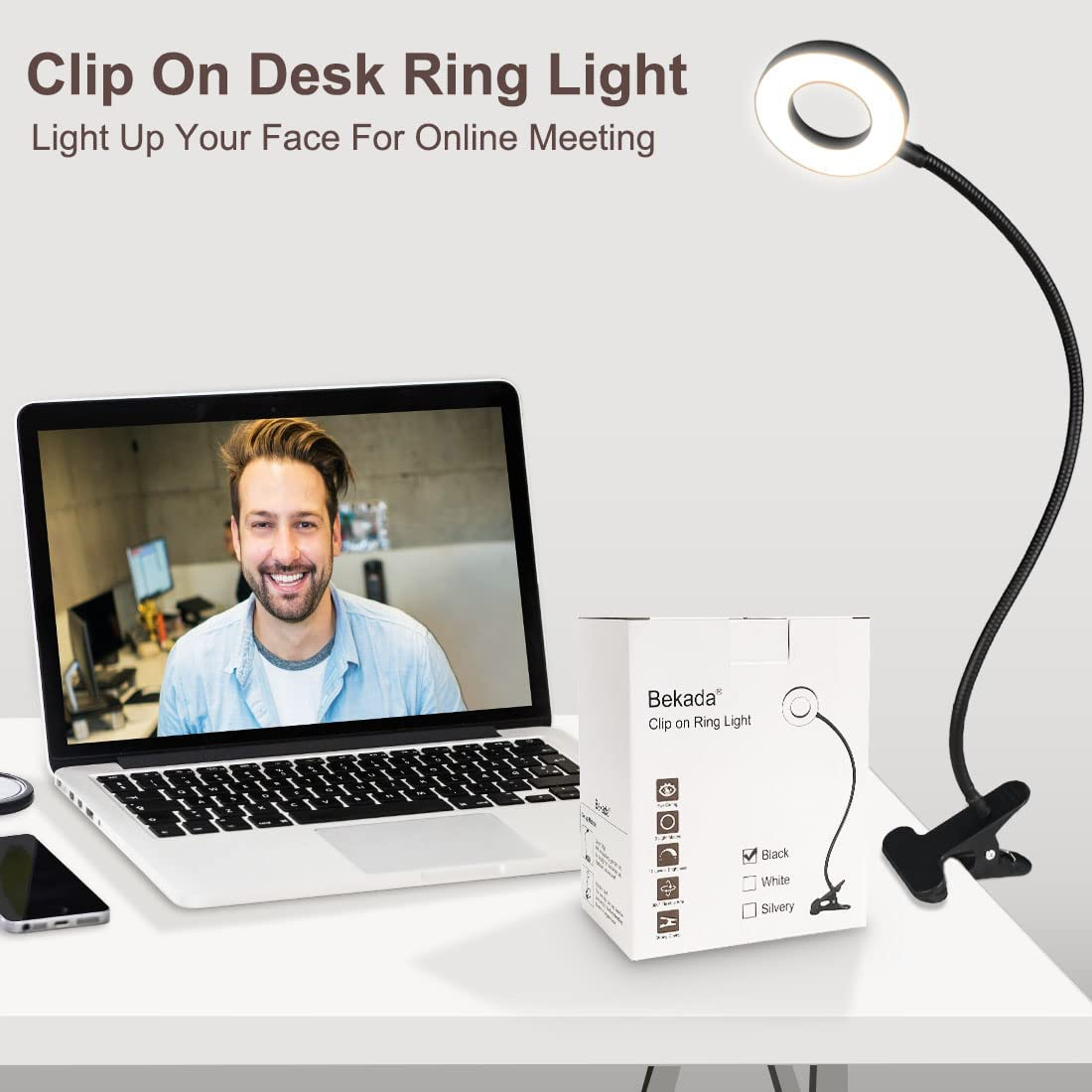 Bekada Clip on Desk/Ring Light with Clamp for Video Conference Lighting, Computer Webcam, USB LED Laptop Light for Zoom Meetings Reading with 3 Color 10 Dimming Level - White image number 2