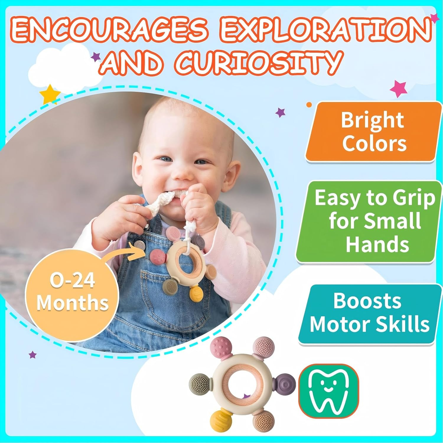 Baby Teething Toys, Silicone Rudder Toy with Wooden Rings for Soothing Teething Pain Relief, Grasping Ring Teething Toy, BPA Free Teething Newborn Accessories, for Lnfants & Toddlers 6+ Months image number 6