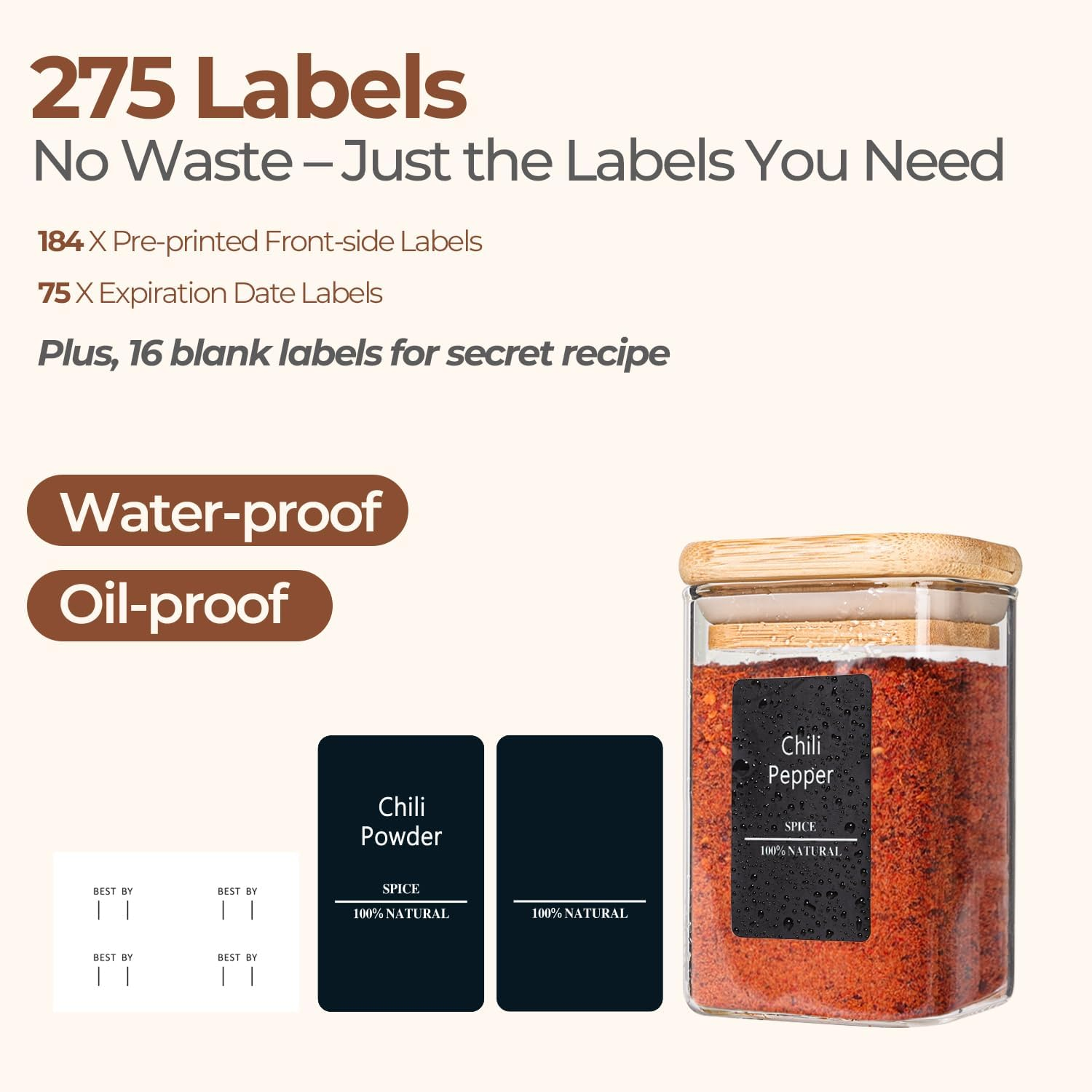 Comsaf 16Pcs Glass Spice Jars with Bamboo Lid, 6Oz Airtight Square Spice Containers with 275 Black Lables, Empty Seasoning Jars for Spice Salt Sugar image number 4