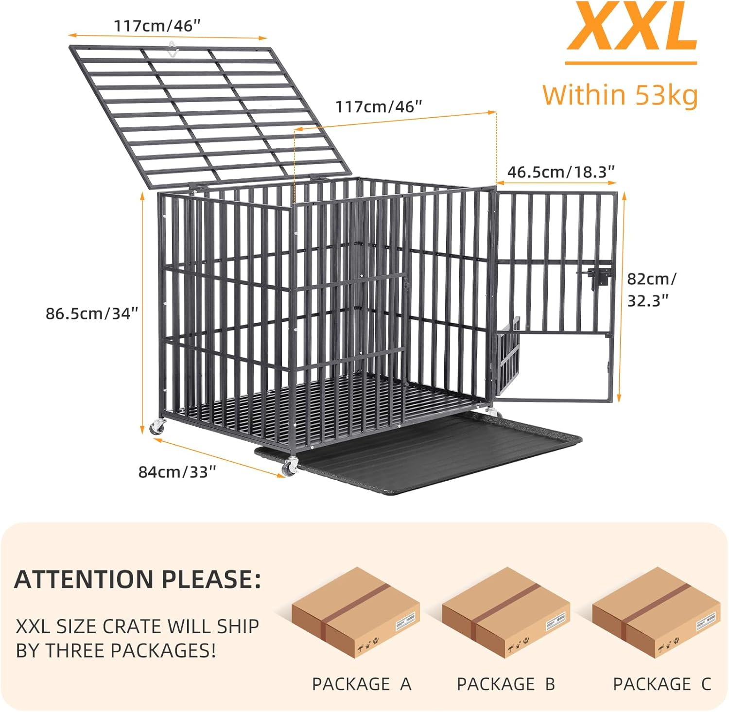 Bingopaw Heavy Duty Dog Crate: 46 Inch Extra Large Pet Cage on Wheels with Tear Resistant Square Tube - Metal Military Puppy Cages with 2 Prevent Escape Lock and Tray XXL (117X84X86.5Cm) image number 2