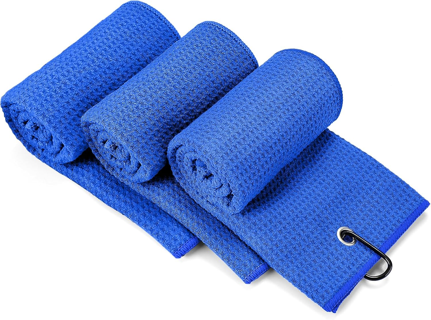 [3 Pack]Microfiber Golf Towels (40X40Cm) with Carabiner Clip & Hook, Convenient Golf Cleaning Towel, Waffle Pattern Tri-Fold Handy Picks Towel (Black+Blue+Gray)