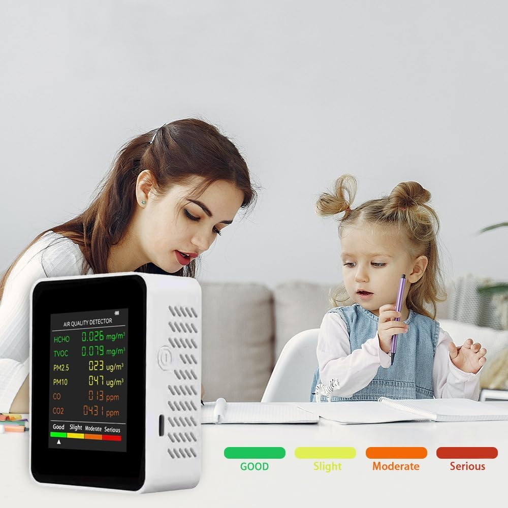 Air Quality Monitor Indoor, 6 in 1 Air Quality Tester, Air Quality Meters for CO2 HCHO AQI PM2.5 Temperature Humidity, Air Quality Detector for Greenhouse Production Warehouse Wine Cellars Home image number 1