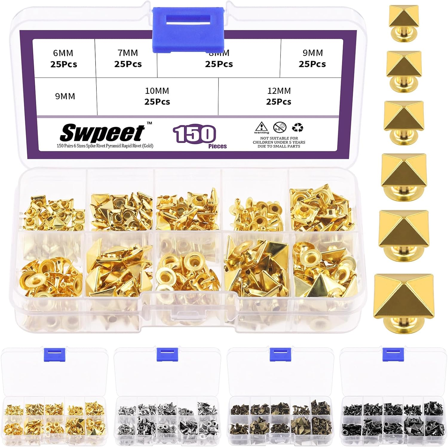 Swpeet 150Pcs 6 Sizes 6Mm/7Mm/8Mm/9Mm/10Mm/12Mm Silver Spike Rivet Pyramid Rapid Rivet Studs Kit, Square Rivets Metal Pyramid Fits for Bag Leather Clothing Shoes Rivet Handicraft DIY Punk
