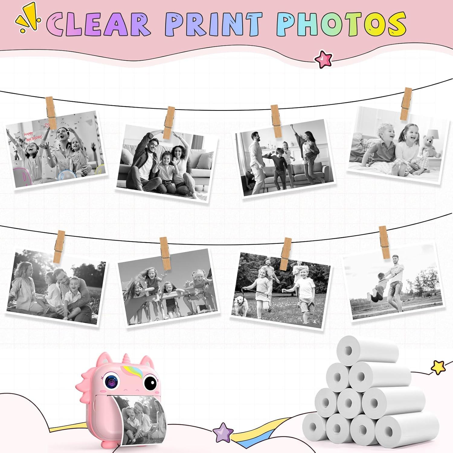 Skirfy 10 Rolls Kids Instant Camera Refill Print Paper,Linkless Thermal Paper Fit for Most Kids Camera Instant Print,Kids Digital Camera Favors Supplies