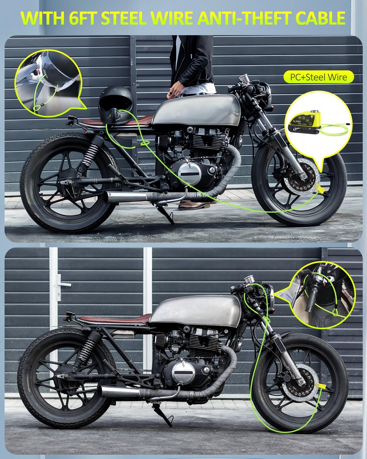 ONVIAN Rechargeable Motorcycle Lock with 6FT Steel Wire Anti-Theft Cable, 120Db Motorcycle Alarm with Rest Mode, for 7Mm Pin Ebike Electric Scooter Motorcycle Moped Disc Brake (Lemon Yellow)&hellip; image number 3