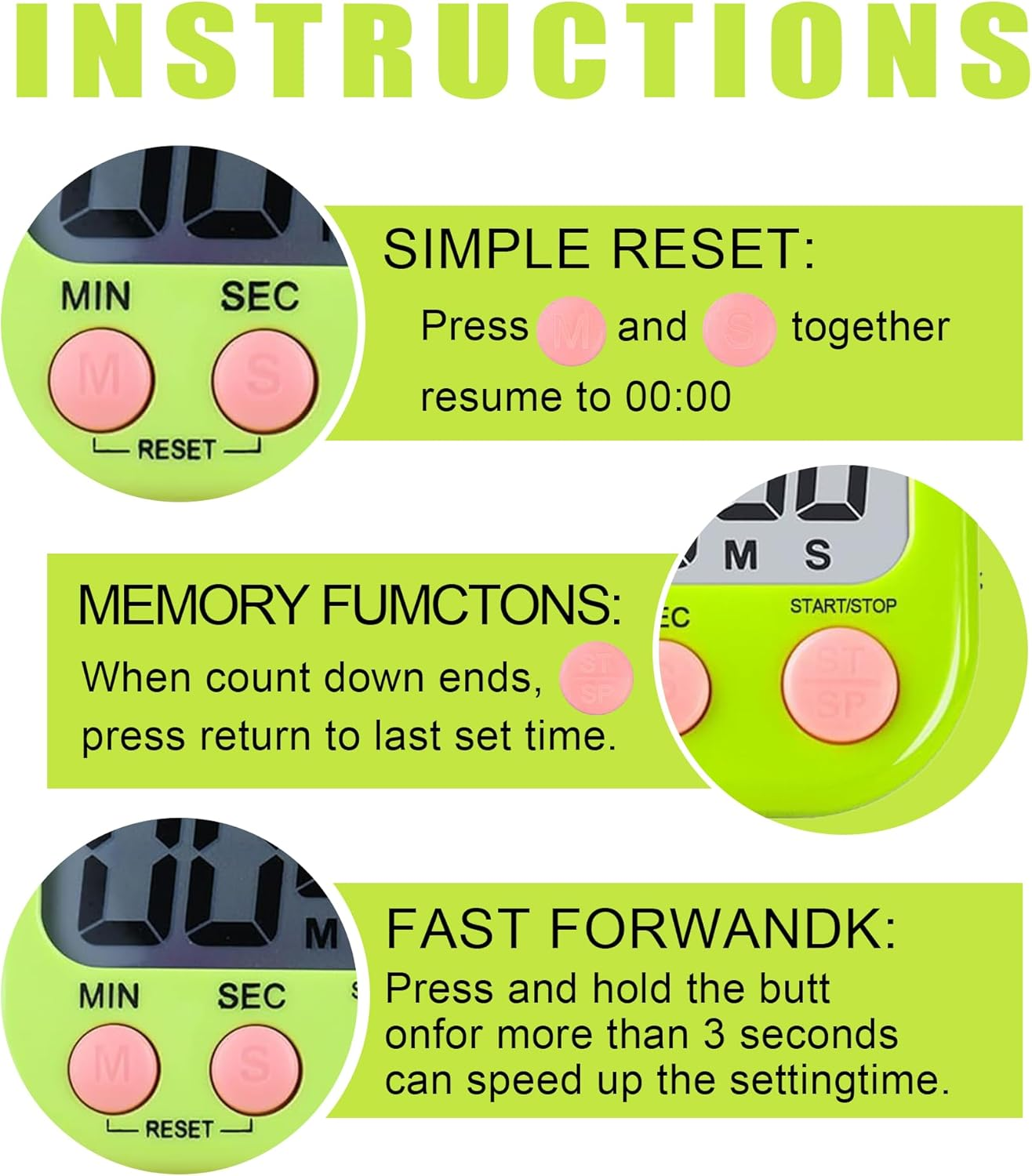 Kitchen Timer, Digital Classroom Timer, Stopwatch, Suitable for Kitchen, Study, Work, Exercise Training, Outdoor Activities (6P Green) image number 2