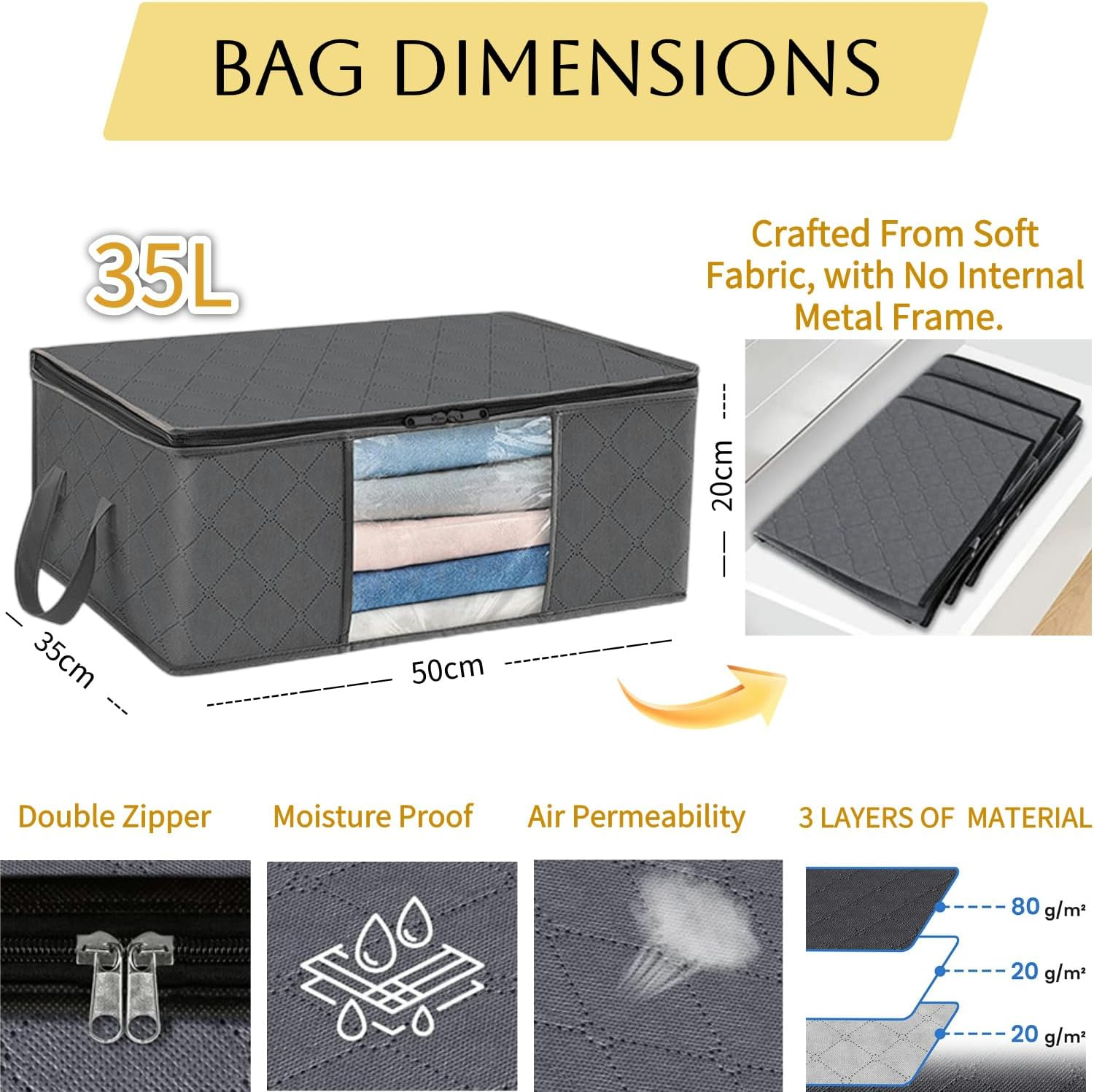 Evangrinzia 6 Pack Clothes Storage Bag, Foldable Storage Bin Closet Organizer with Durable Handle, Sturdy Fabric Blanket Storage with Clear Window, Storage Containers for Clothing, Bedding, Gray（35L） image number 6