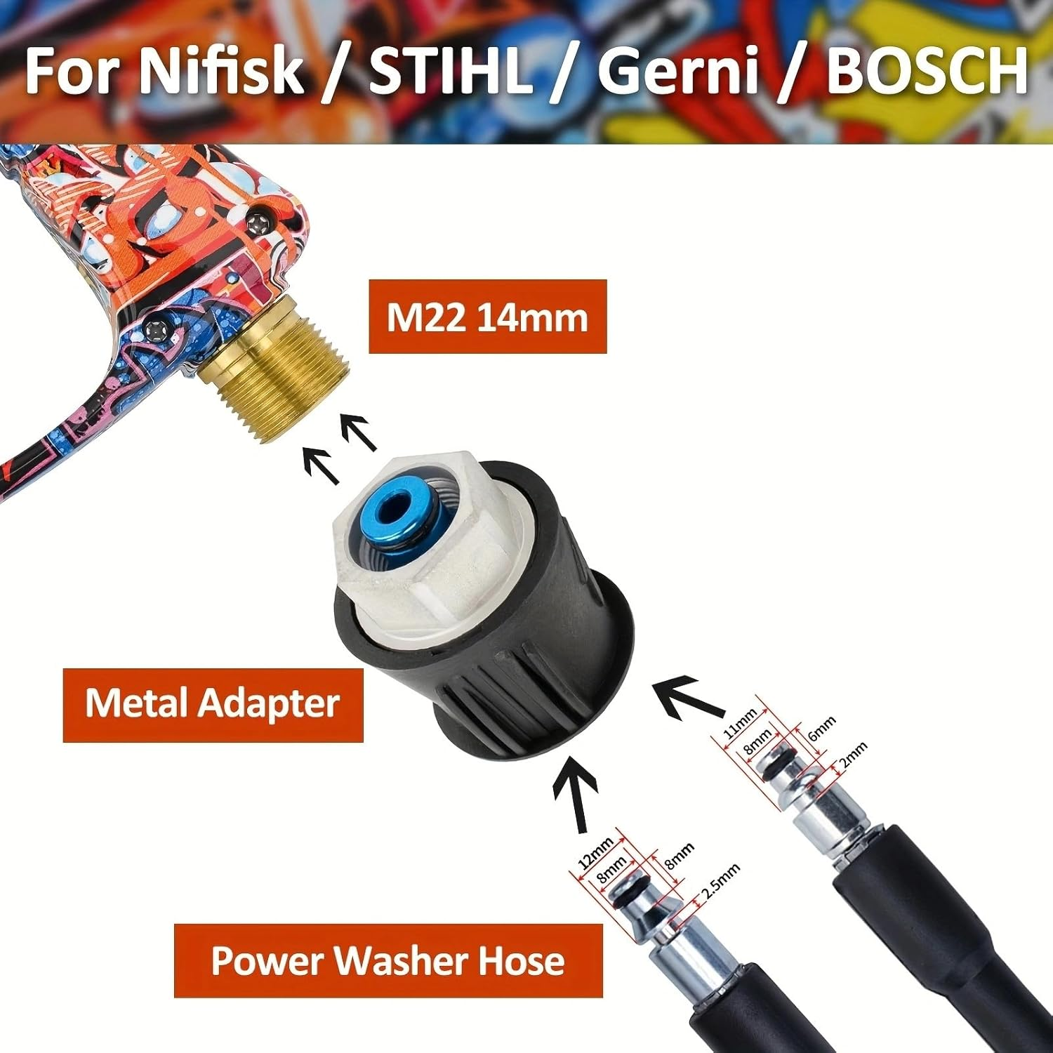 BEAR FORCE Pressure Washer Spray Gun M22- Id14Mm with 6.35Mm Quick Connect Snow Foam Lance & 5 Spray Tips & Clip Nozzle Holder & Converter, Car Wash for Bosch Nilfisk for STIHL image number 6