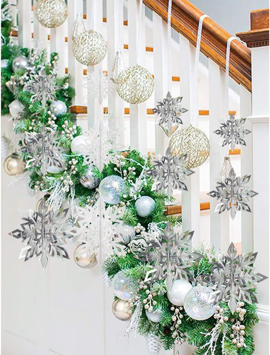 Crafare Christmas Hanging Snowflake Decorations 18PCS 3D White Silver Snowflakes Hanging Garland for Christmas Winter Wonderland Holiday New Year Party Home Decoration - Sparkle 18Pcs image number 5