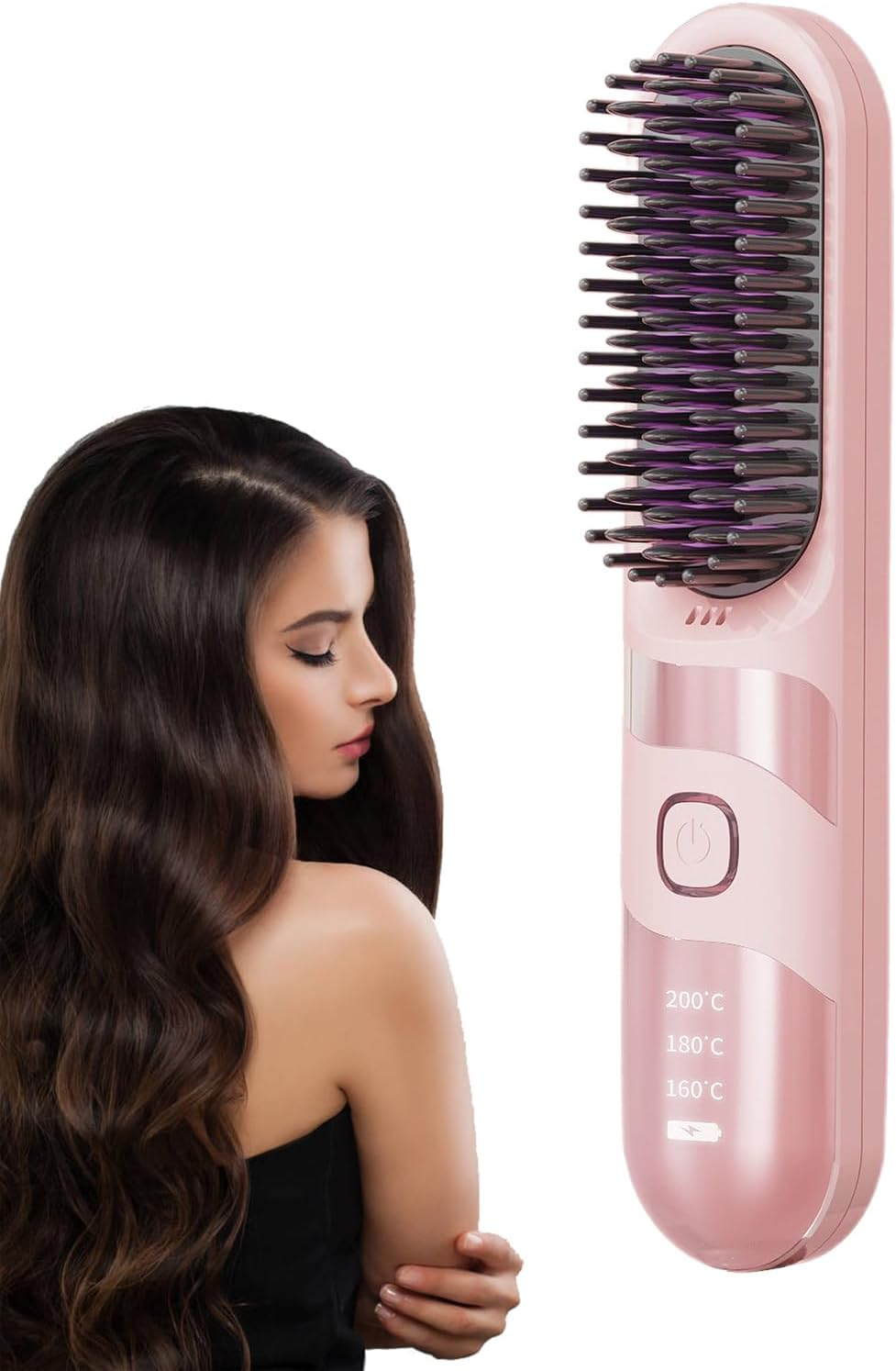 Uoqpty Small Hair Straightener - Electric Curler Brush,2-In-1 Portable Cordless Hair Straightener Brush with 3 Adjustable Temperature