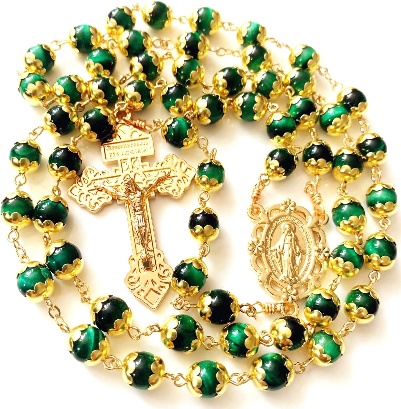 Elegantmedical HANDMADE Tiger Eye Prayer Beads Catholic Rosary Necklace Gift Box Italy Crucifix Gold