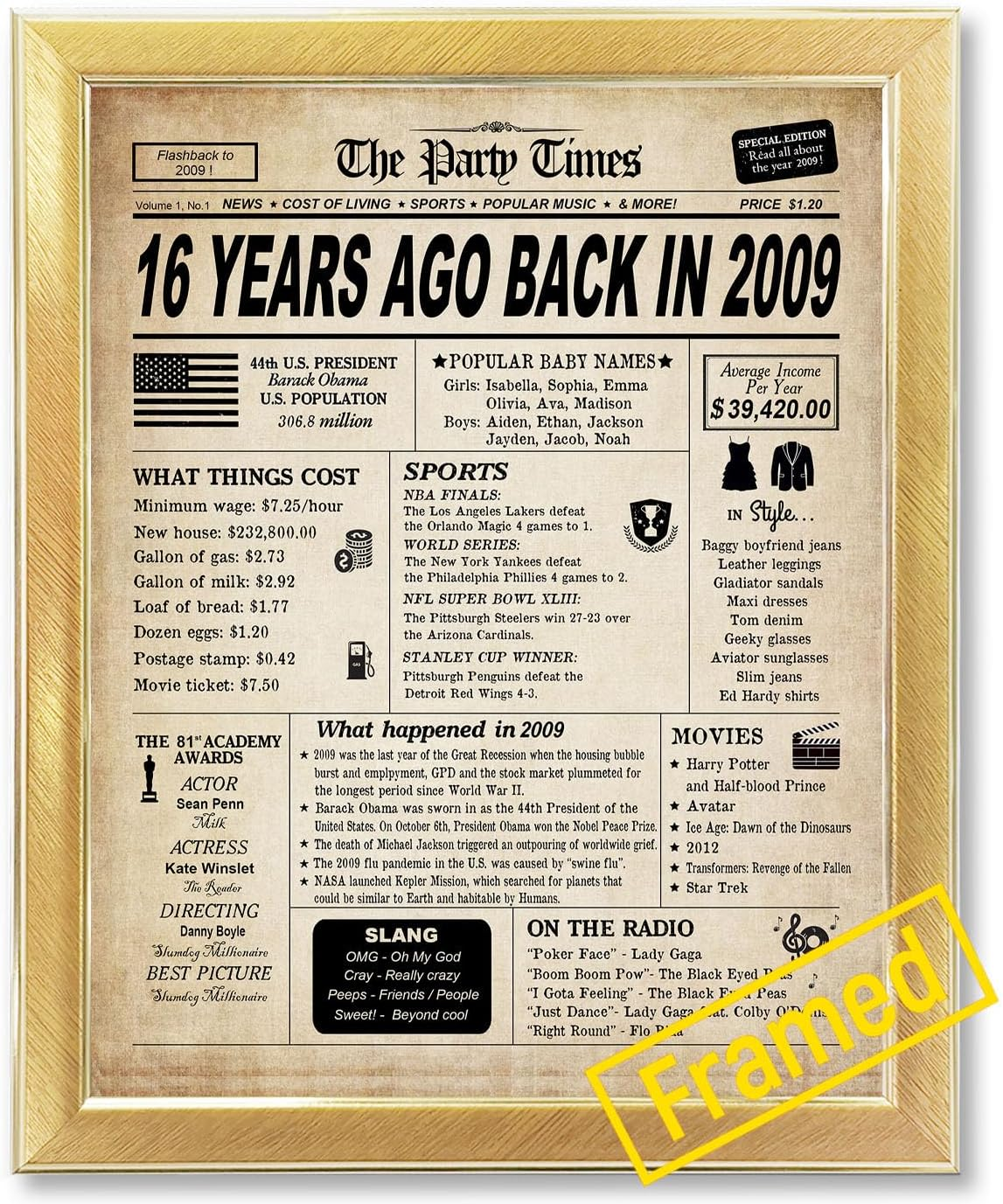 GIFTSFARM 16Th Birthday Decorations for Boys and Girls, Back in 2009 Print, 16Th Birthday Card, Vintage Party Poster Supplies Anniversary Centerpiece for Teens, 16 Birthday Decoration, Sweet 16