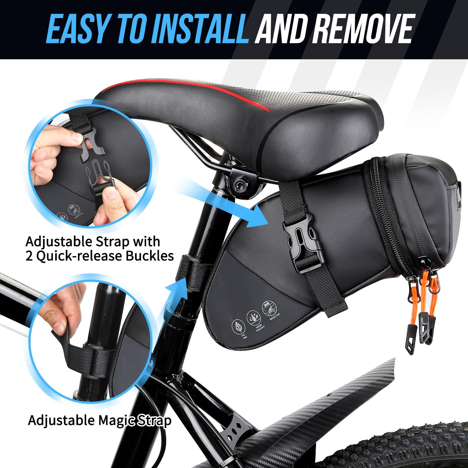 WOTOW Bike Saddle Bag - Waterproof Bike Seat Bag Expandable to 2L- Reflective Bicycle under Seat Storage Pouch for Road Mountain Bike Cycling Travel