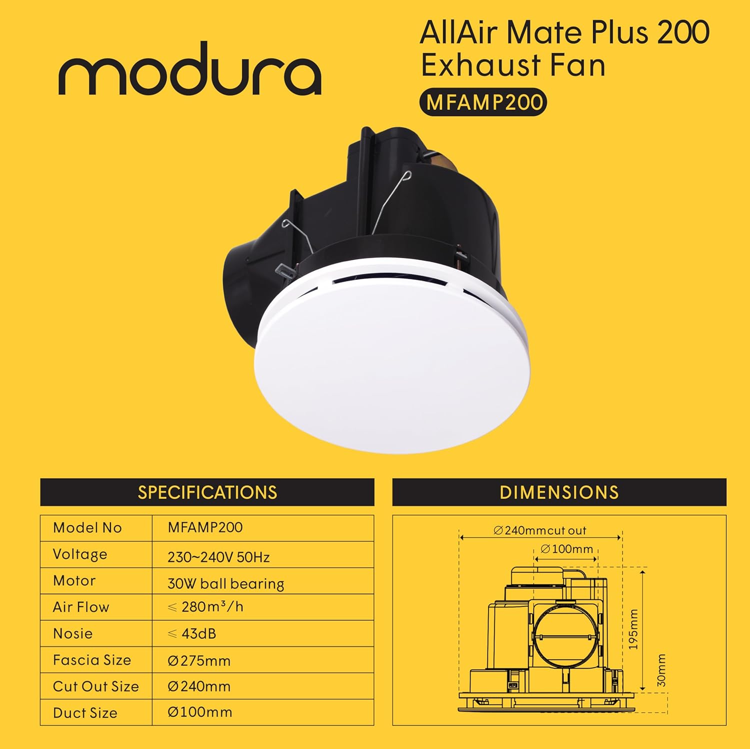 Modura Allairmate plus 250Mm / 200Mm round Ceiling Mounted Exhaust Fan Bathroom Toilet Kitchen (Cut Out Siz &Oslash;240Mm) image number 1