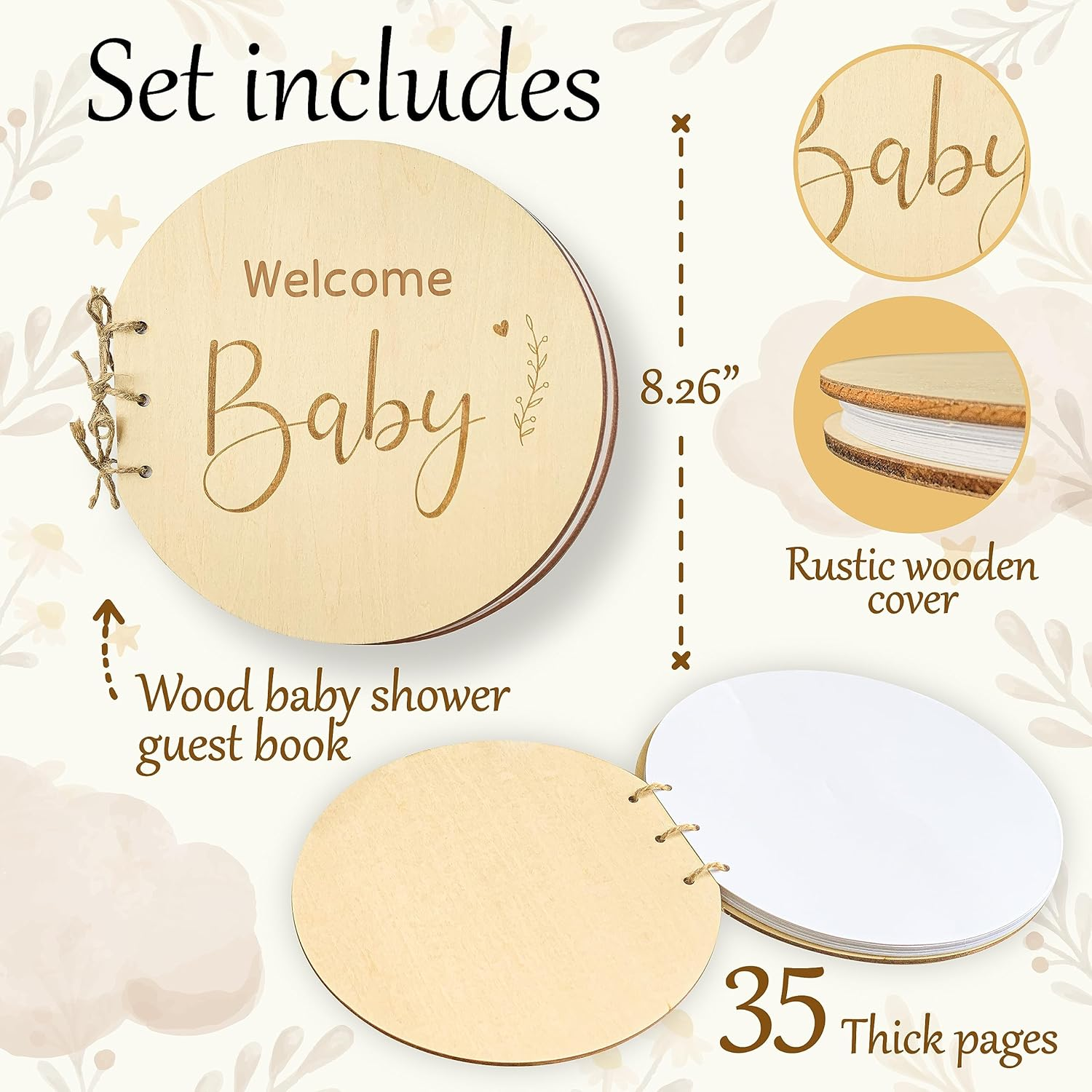 Stofinity Wooden Baby Shower Guest Book Alternatives for Girl - Welcome Baby Shower Sign in Guest Book for Boy, Blank Baby Shower Book Guest, Baby Shower Games Guestbook Keepsake Memory Book
