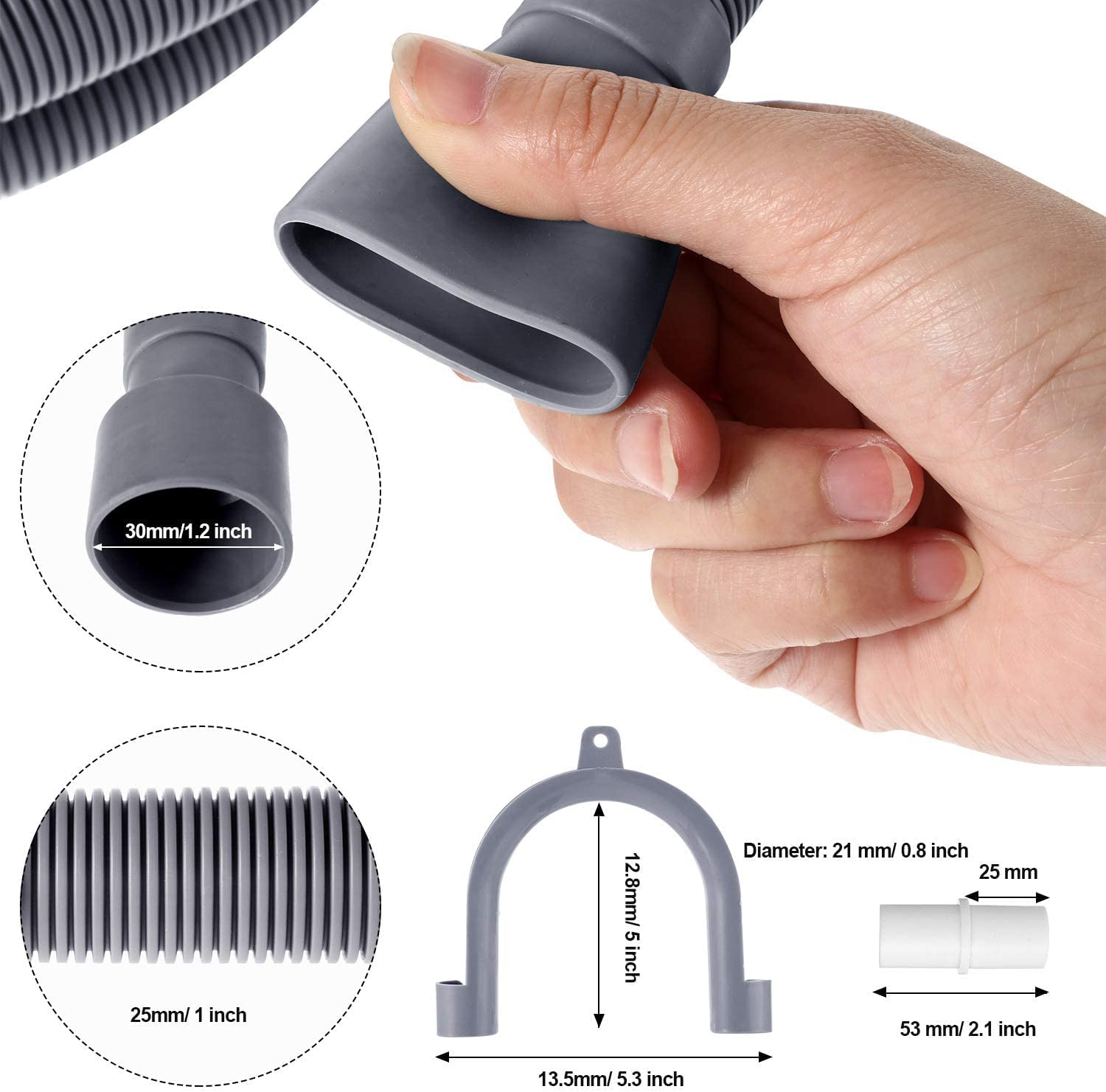 5 Feet Universal Washing Machine Drain Hose Flexible Dishwasher Drain Hose Extension Kits Corrugated Washer Hose Extension Kits with 1 Extension Adapter and 2 Hose Clamps, U-Bend Hose Holder image number 4