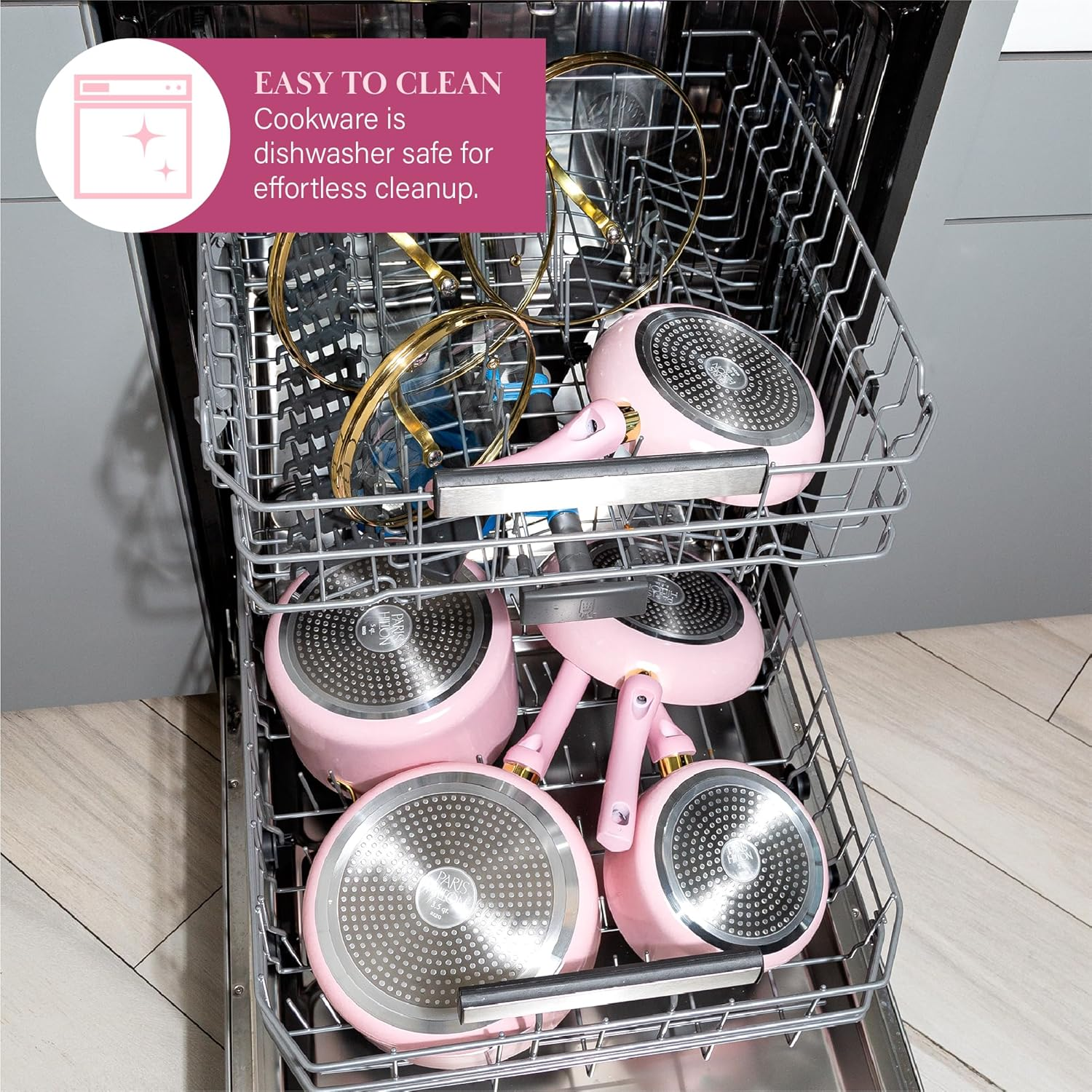 Paris Hilton Epic Nonstick Pots and Pans Set, Multi-Layer Nonstick Coating, Tempered Glass Lids, Soft Touch, Stay Cool Handles, Made without PFOA, Dishwasher Safe Cookware Set, 12-Piece, Pink image number 3