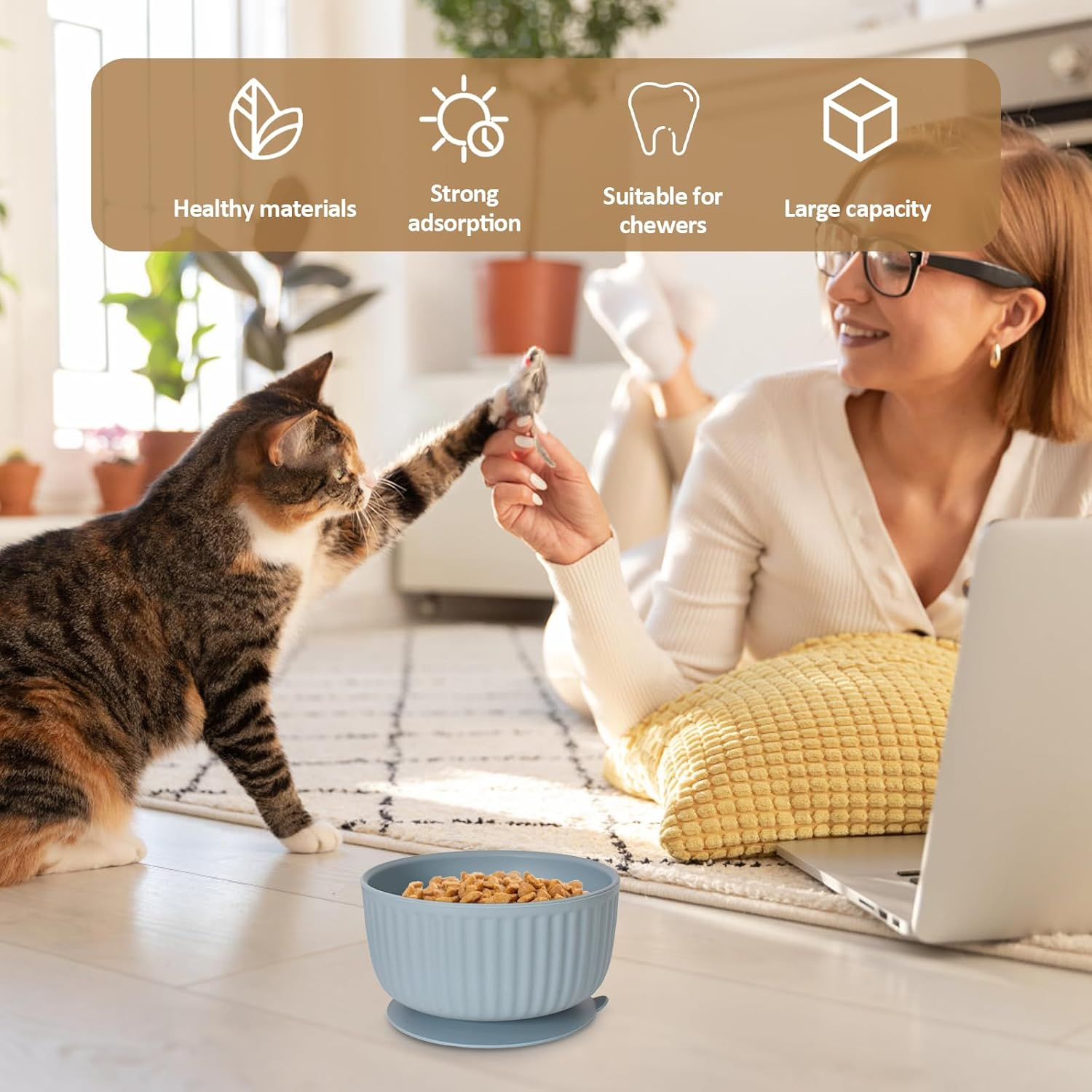 Set of 3 Silicone Cat Bowls with Lid, Non-Slip Suction Cup Feeding Bowls Set, for Kittens and Small Dogs, Microwave Dishwasher Safe, Striped Design Pet Bowls image number 6