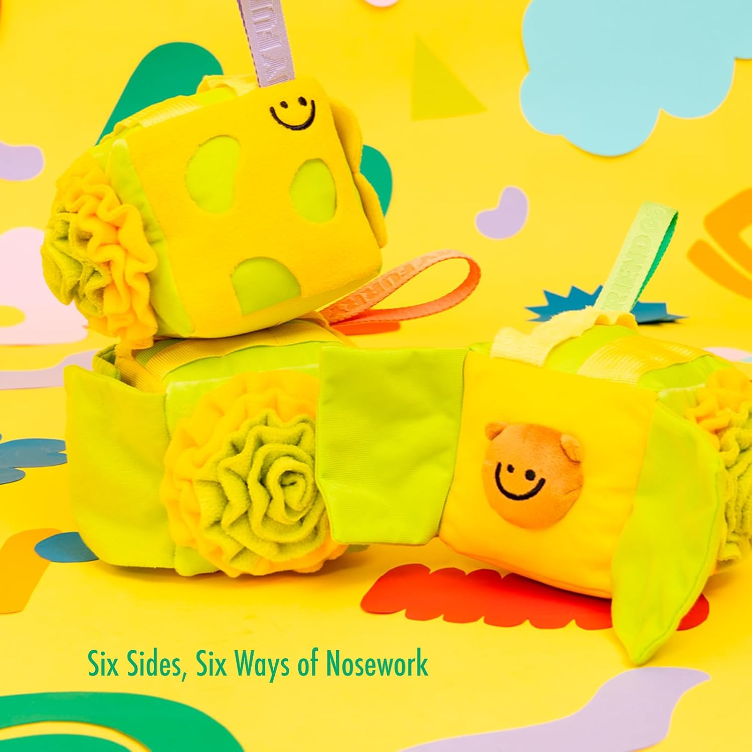 Interactive Treat Dispensing Dog Plush Toy in Shape of Cube, Light Yellow and Green, with Squeaker and Crinkle Paper, Snuffle Toy for Dogs image number 1