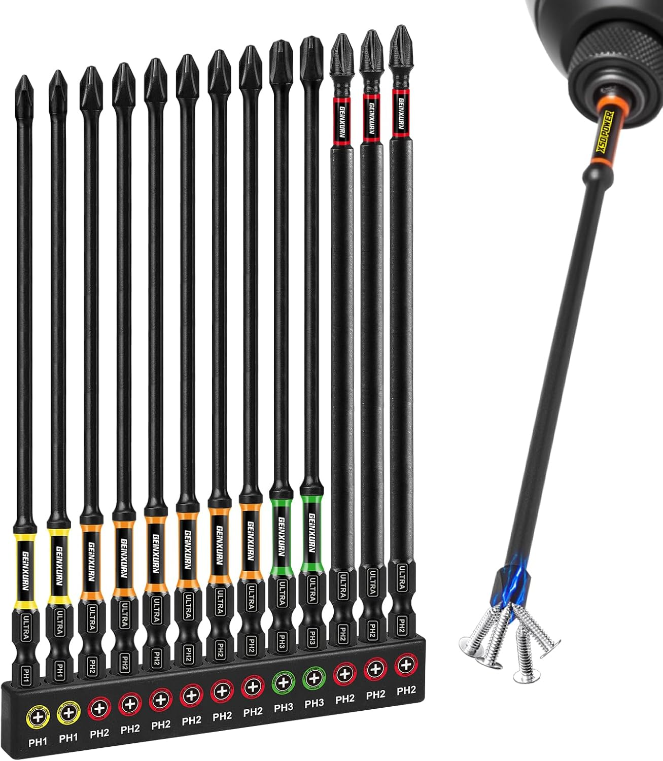 GEINXURN 13-Piece Phillips Screwdriver Bit Set, Impact-Resistant PH1, PH2, PH3, 150 Mm Length, 1/4 Inch Hex Shank, S2 Alloy Steel, Magnetic Screwdriver Bit Set, Ultra Colour Code