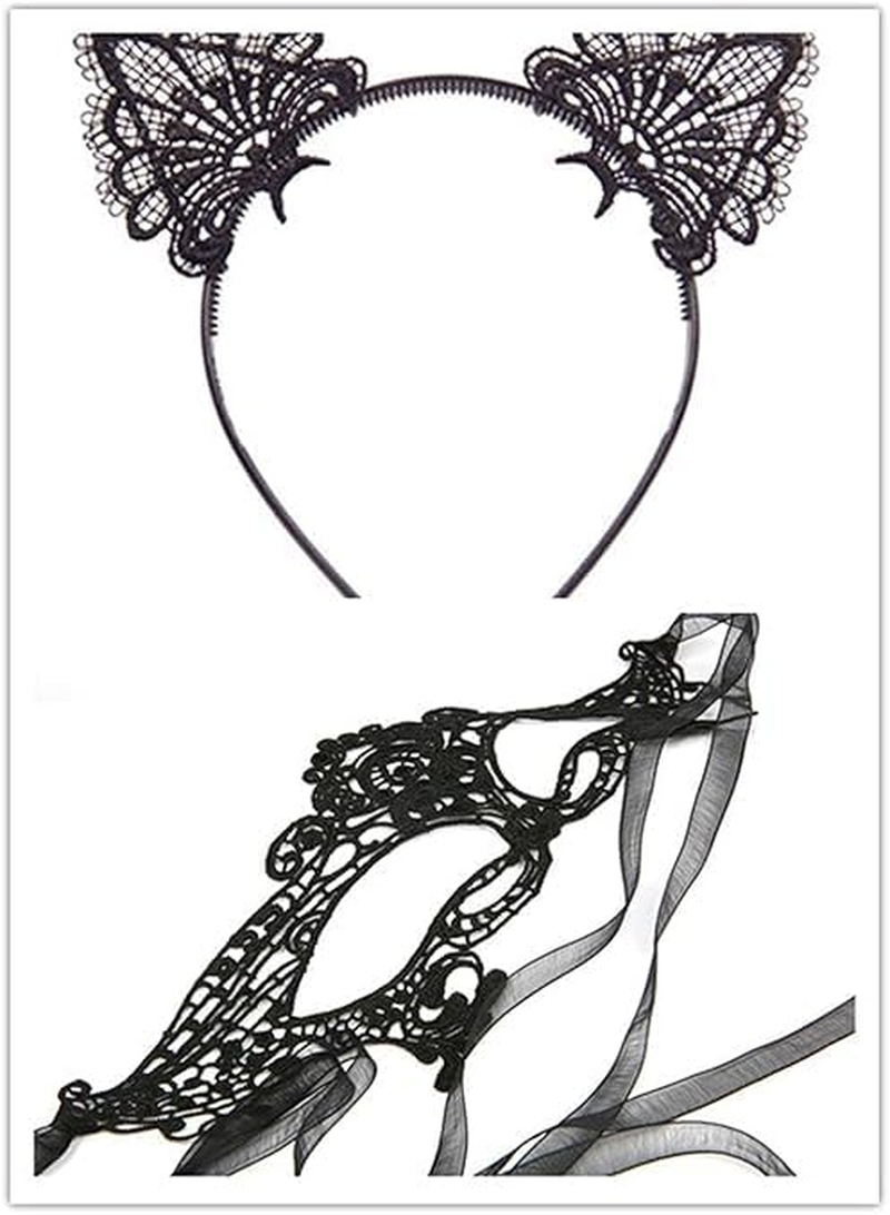Fashion Cat Ears Headband Lace Eye Mask Costume Couples Cute Sexy Women Girl Lady Eyemask Masquerade Mask Hair Elastic Hoop for Carnival Party Prom Ball Halloween Christmas Cosplay image number 2