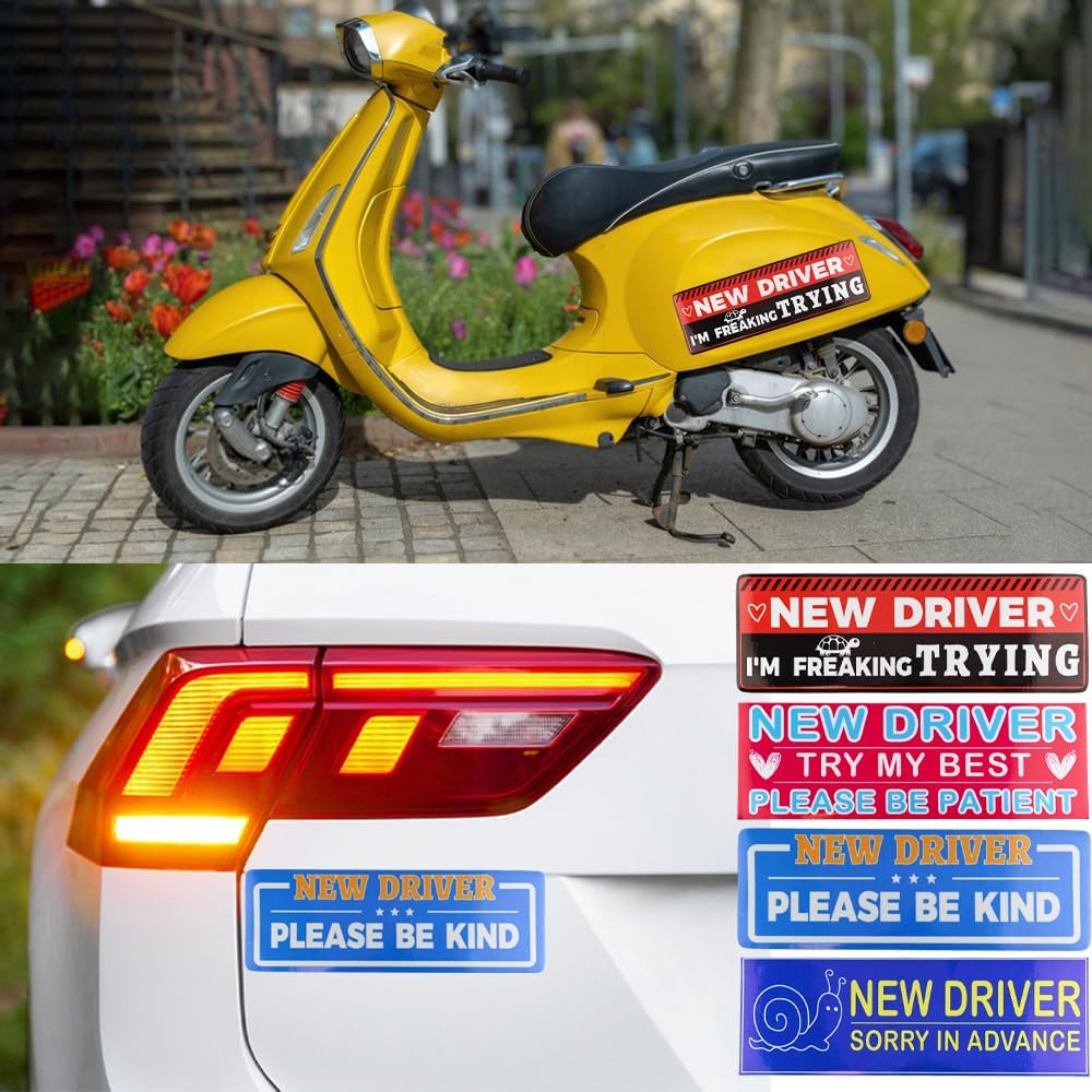 4 PCS New Driver Magnet for Car, Student Driver Magnet for Car, Removable Novice Rookie Safety Attention Sign Sticker, Funny Bumper Stickers Accessories(11.8 * 4.72In)